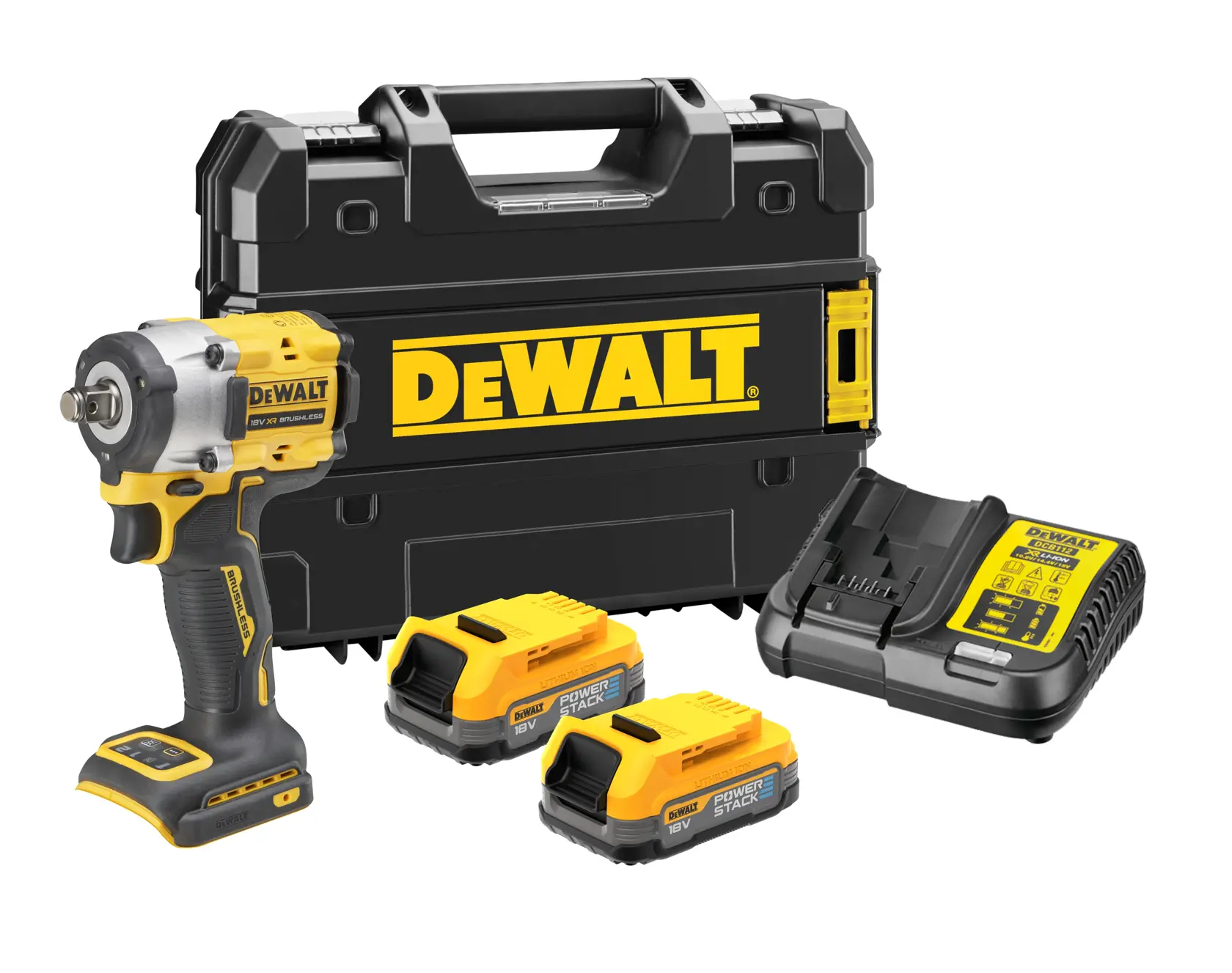 DEWALT Akku-Schlagschrauber-Set mit einem gelb-schwarzen Schlagschrauber, zwei 18V Powerstack-Akkus, einem Ladegerät und einem Hartschalenkoffer mit DEWALT-Logo.