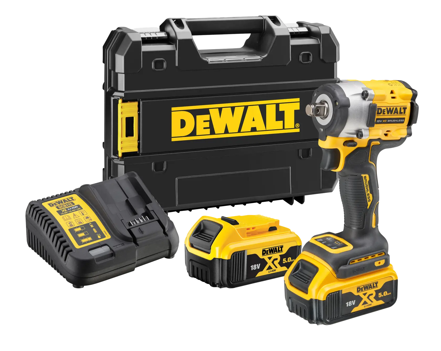 DEWALT cordless impact wrench kit including a black and yellow impact wrench, two 18V lithium-ion batteries, a battery charger, and a hard carrying case branded with the DEWALT logo.