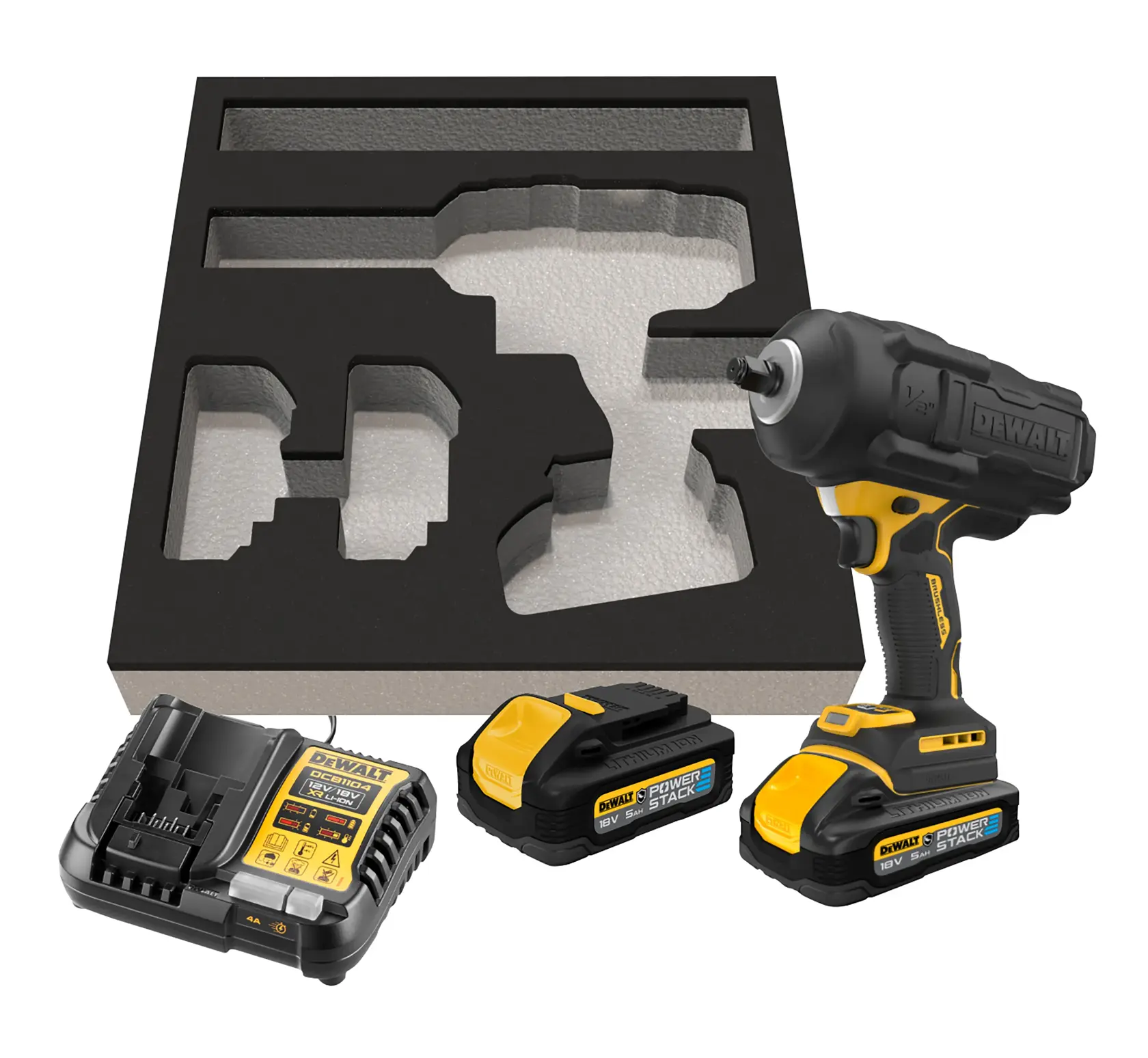 DEWALT impact wrench kit with foam tray, charger, two batteries, and tool, shown against a white background.