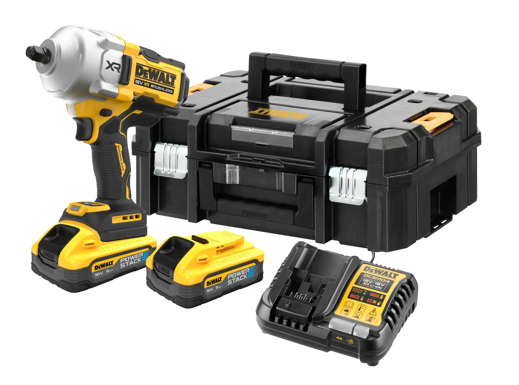 DEWALT cordless impact wrench with two batteries, charger, and a black tool case shown on a white background.