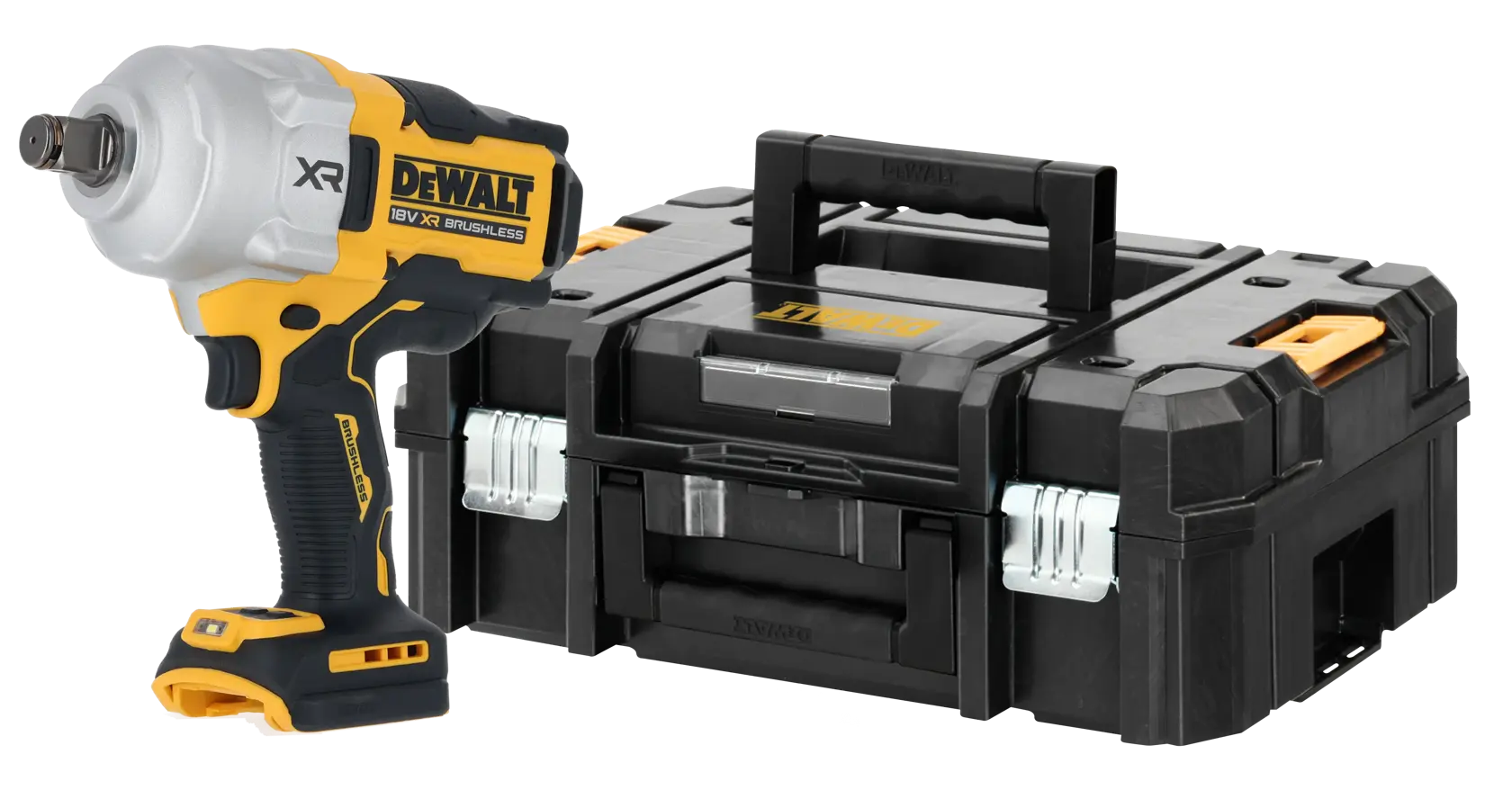 DEWALT cordless impact wrench with a sturdy black carrying case shown together on a white background.