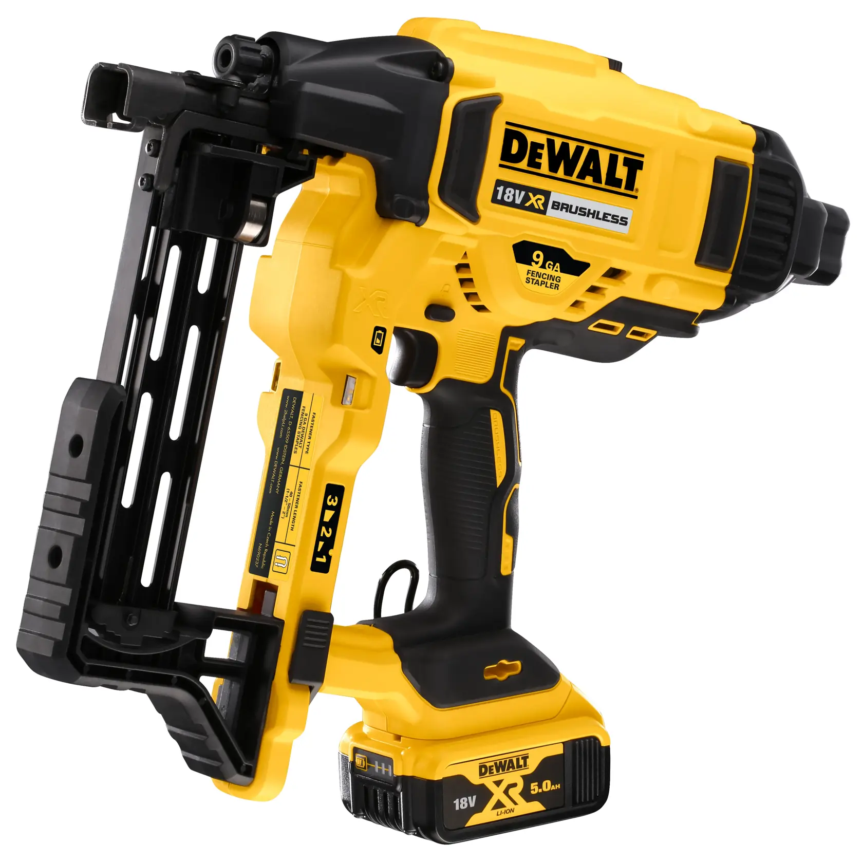 A DEWALT 18V XR Brushless fencing stapler with a yellow and black design. The tool features a battery pack and ergonomic grip, and is used for fastening fencing staples.