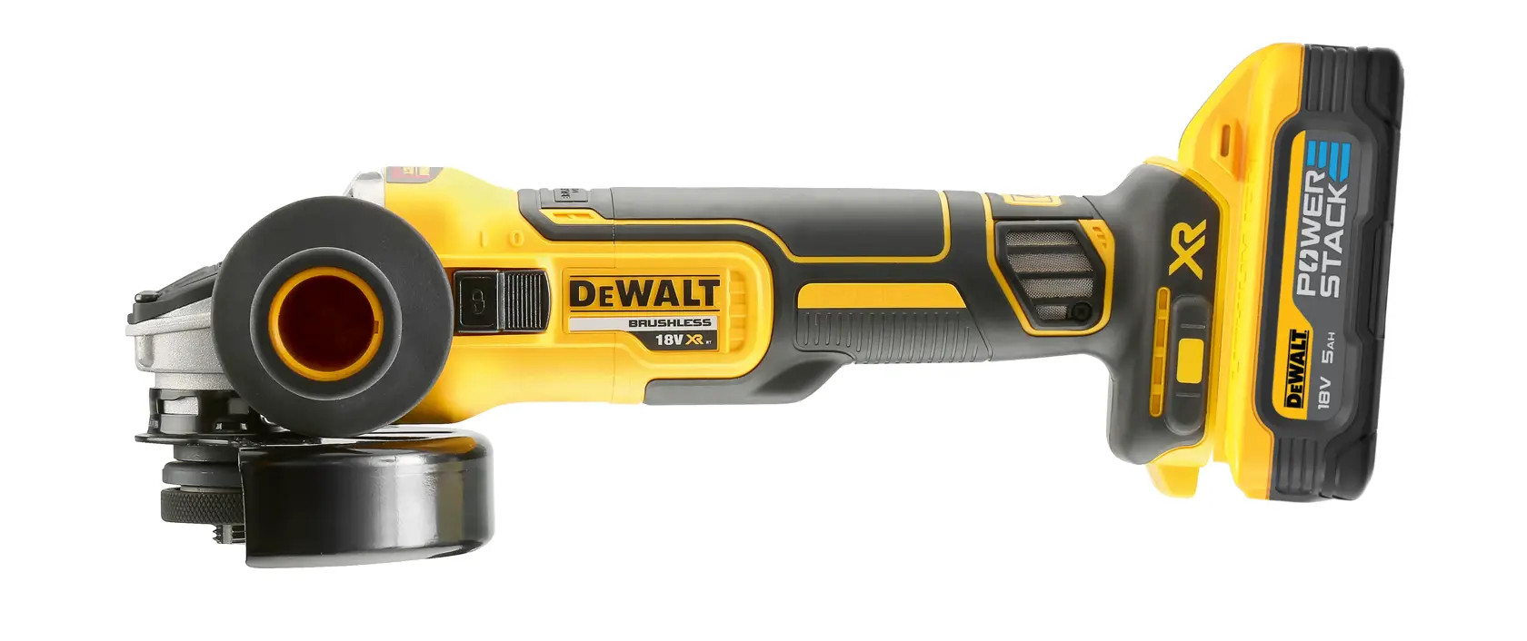 DeWalt cordless angle grinder DCG405H2T with Power Stack battery, yellow and black design, side view.