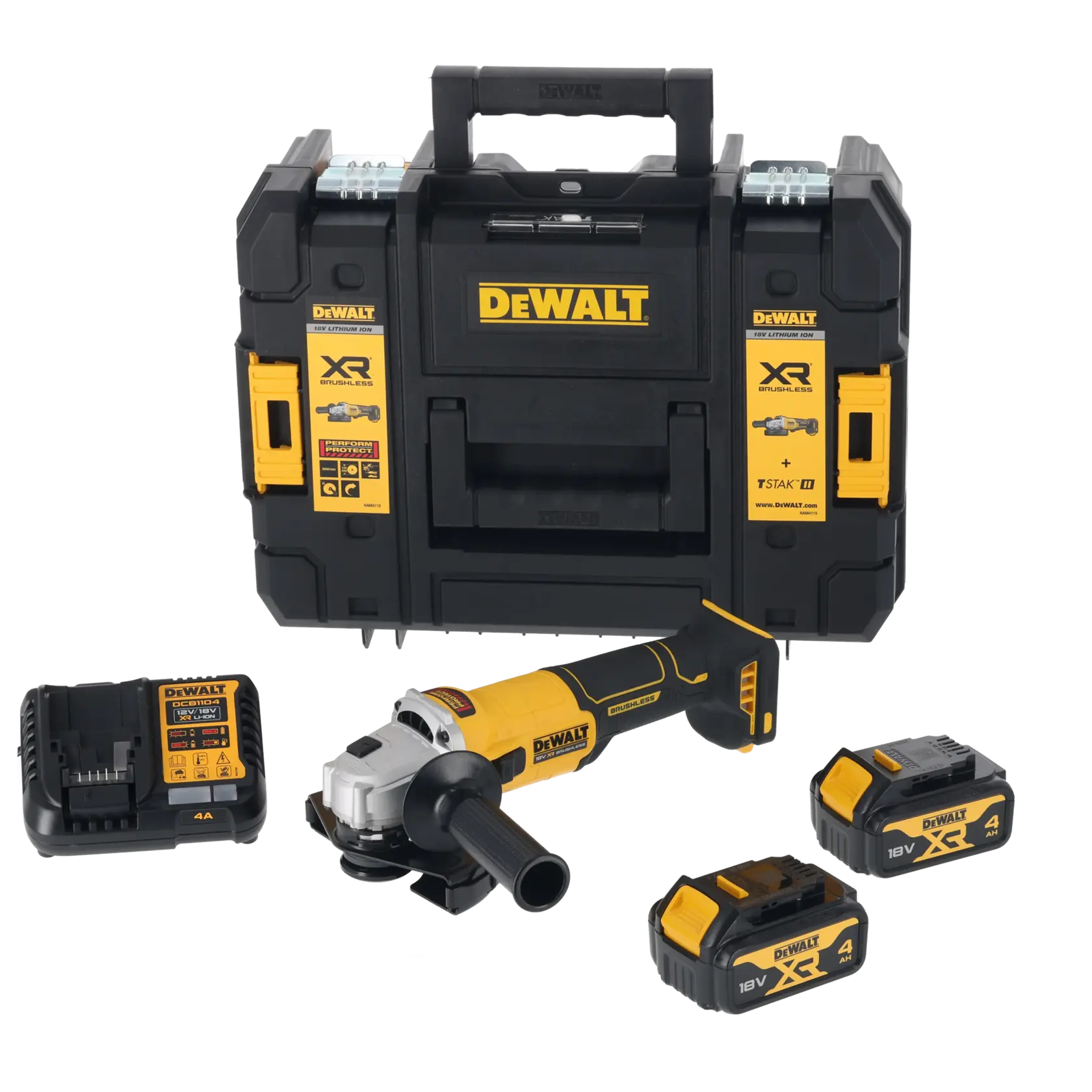 DEWALT grinder kit with carry case, charger, two 18V batteries, and brushless grinder tool.
