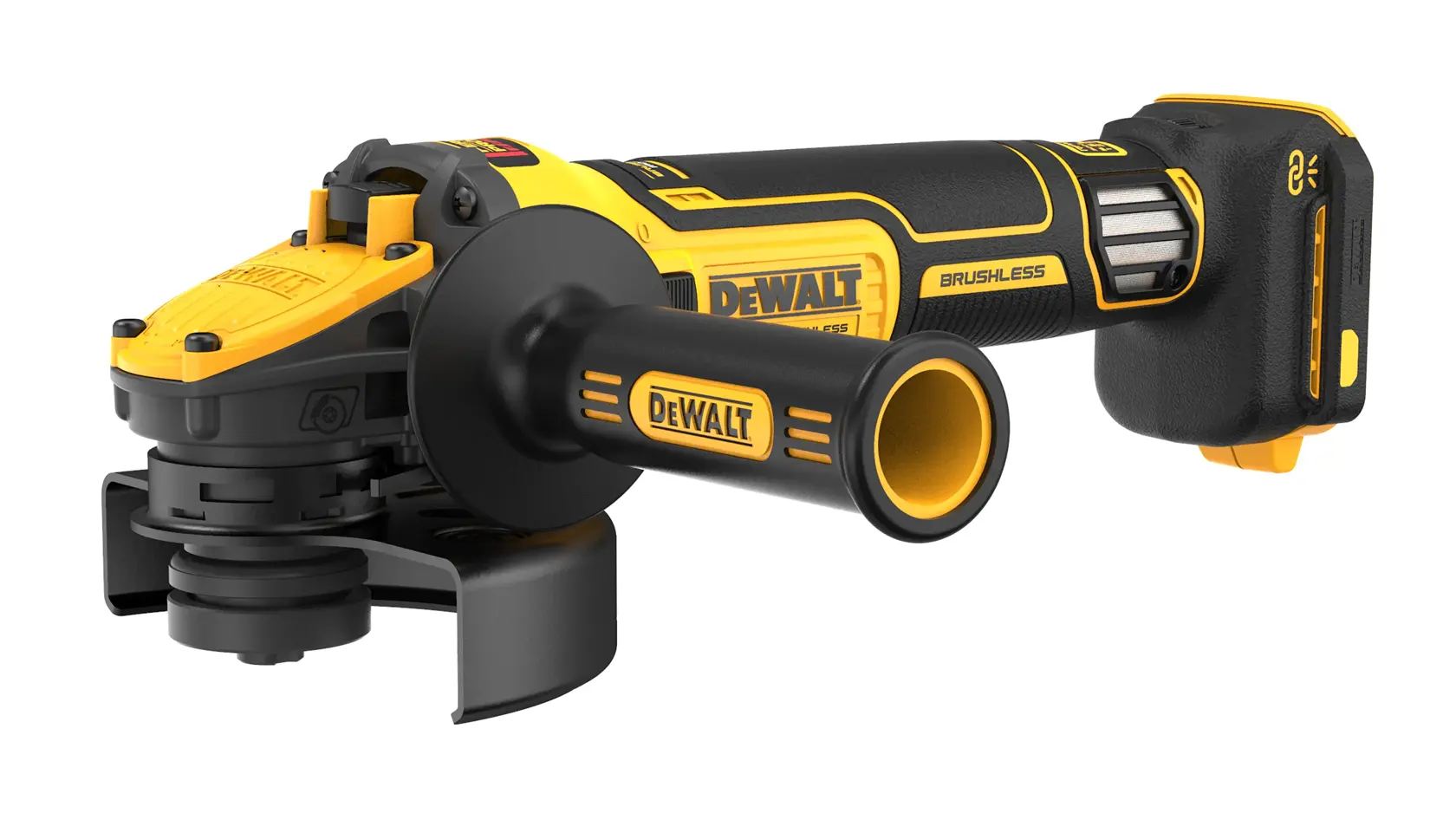 A cordless DEWALT brushless angle grinder with a yellow and black handle, featuring a side grip and battery pack.