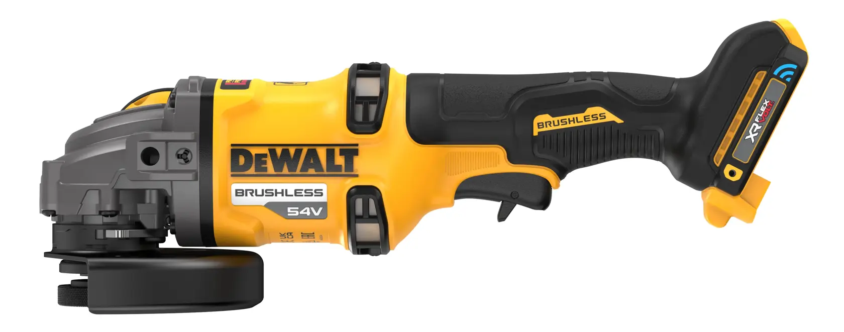 DEWALT 54V cordless brushless angle grinder with black and yellow design, side view on white background.