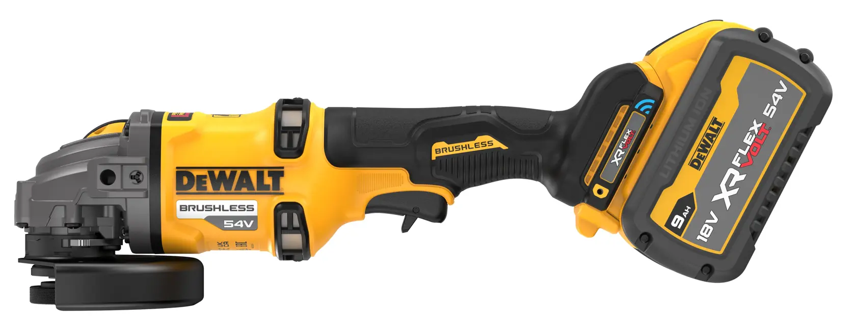 DEWALT cordless angle grinder with brushless motor and 54V XR FLEXVOLT battery, shown from the side.