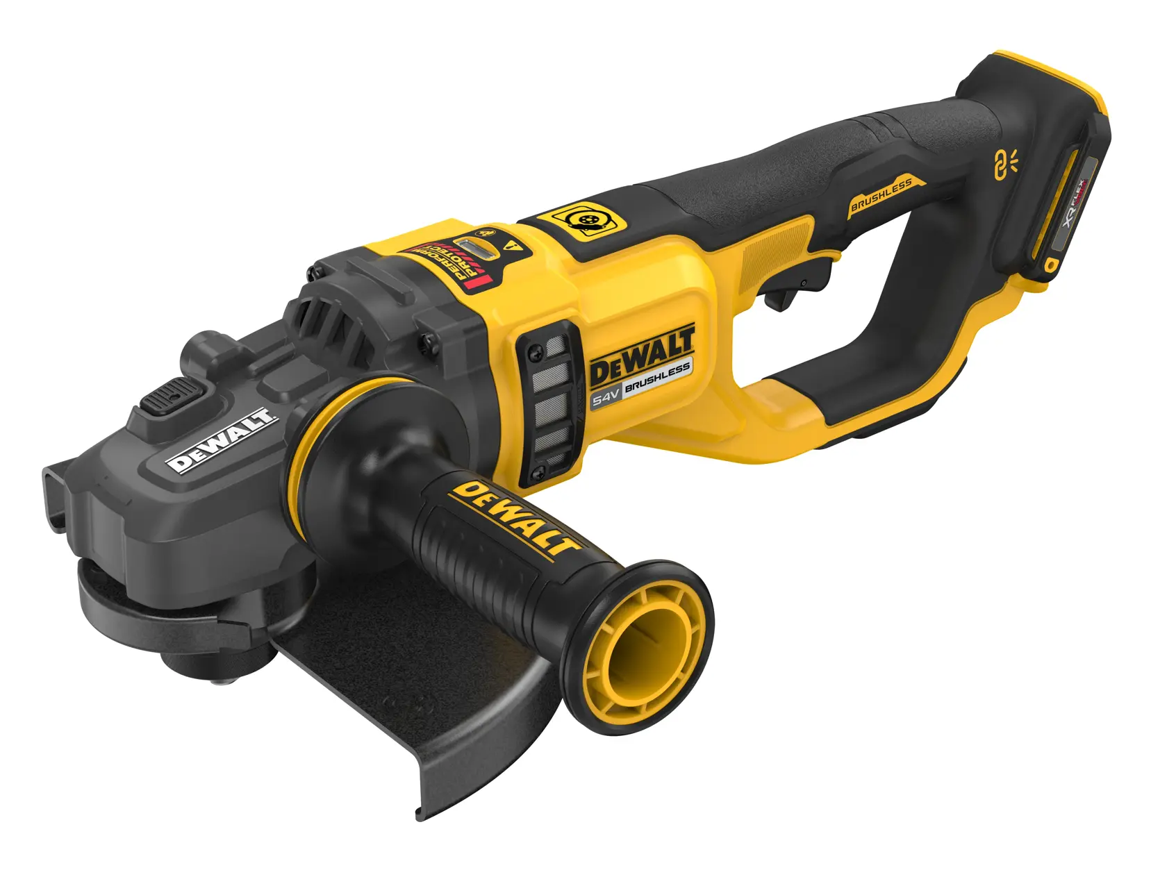 DEWALT cordless brushless angle grinder with a yellow and black handle, side grip, and protective guard.