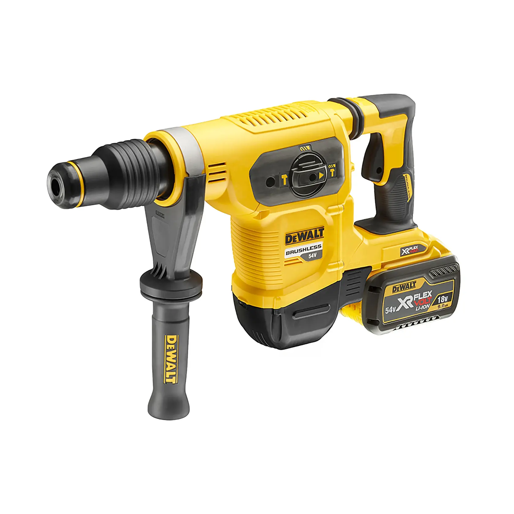 A yellow and black DEWALT cordless rotary hammer drill with side handle and attached XR FLEXVOLT 54V/18V lithium-ion battery.