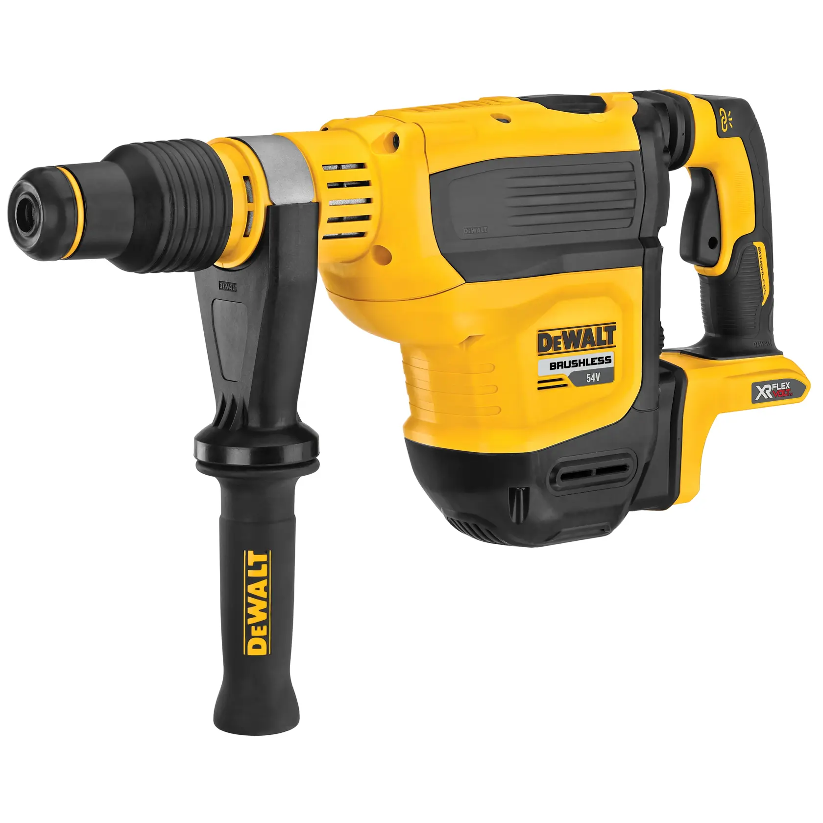 DEWALT 54V cordless rotary hammer drill with side handle, yellow and black, model DCH614N.