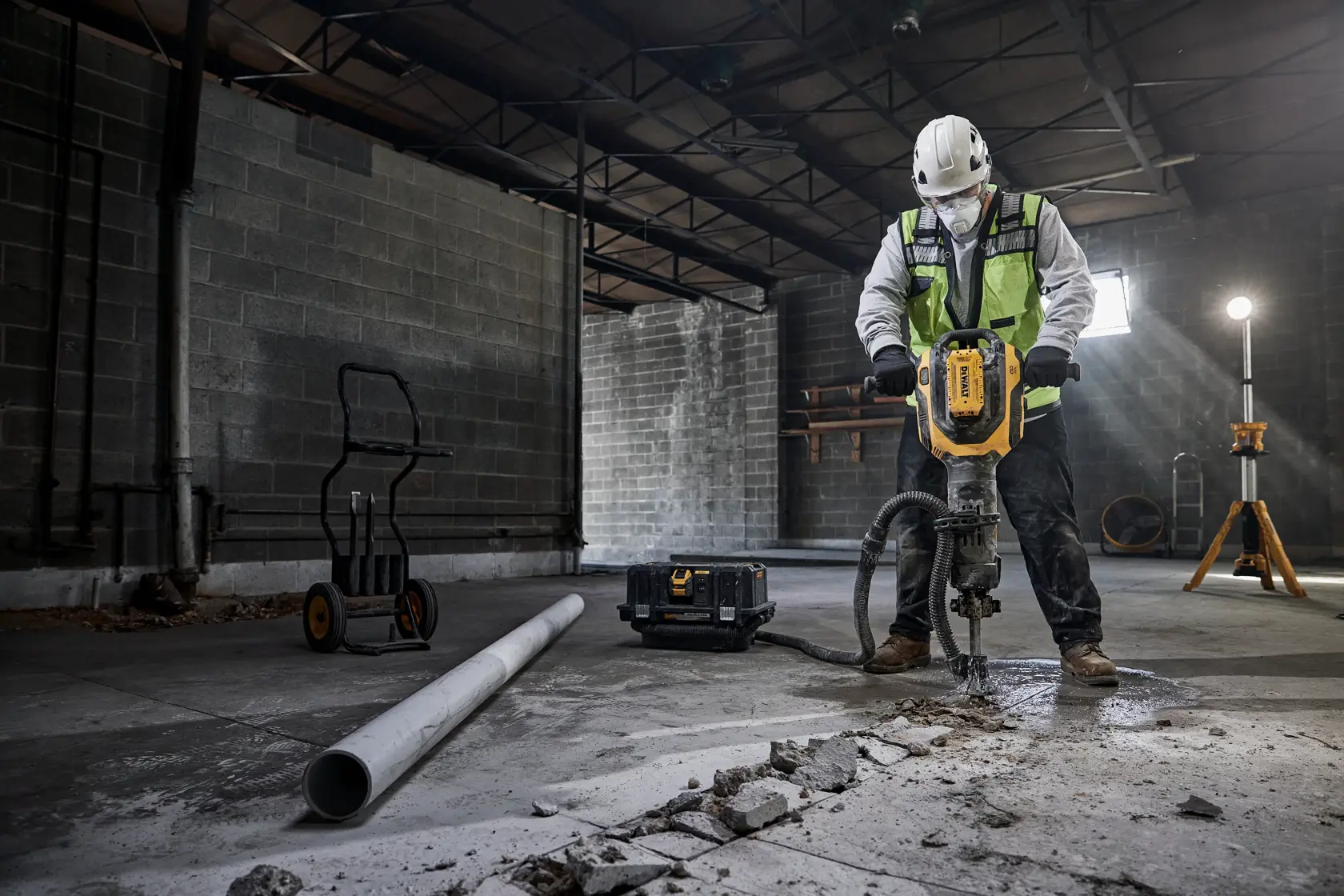 A construction worker wearing a safety helmet and reflective vest uses a DEWALT demolition tool to break concrete in an industrial setting. Nearby are a pipe, a tool case, a dolly, and a standing work light.