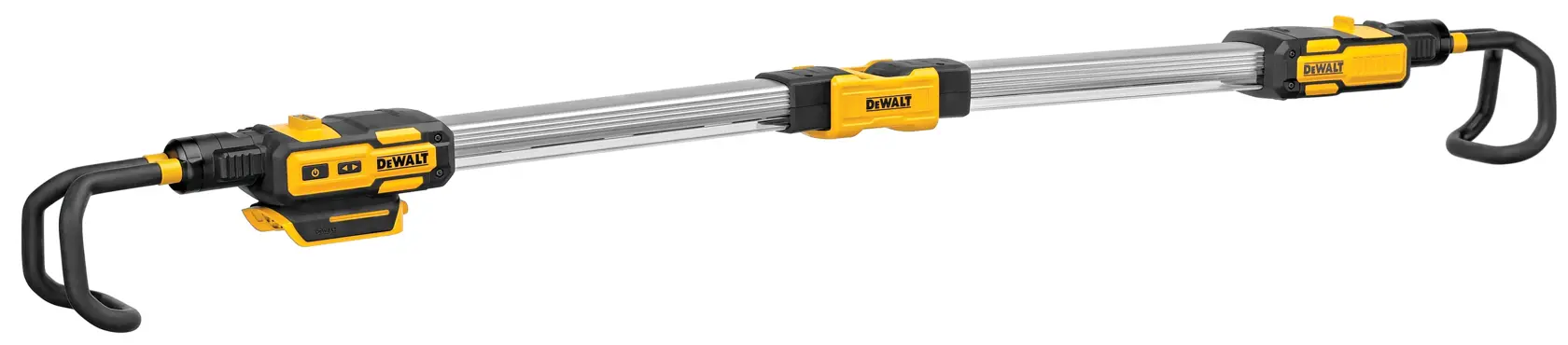 DEWALT DCL045 photography light bar with adjustable arms, yellow and black, designed for worksite illumination.