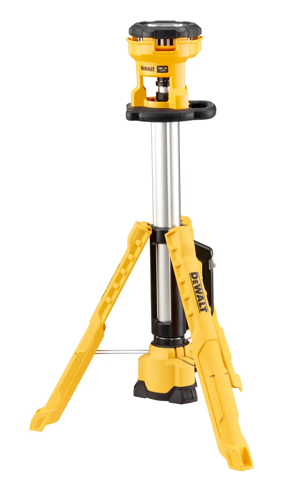 A DEWALT DCL079 portable LED tripod work light with adjustable height, yellow and black color, shown extended on its three legs.