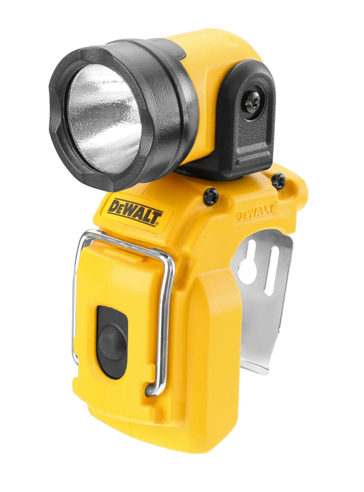 DEWALT DCL510N yellow compact LED work light with pivoting head and belt clip.