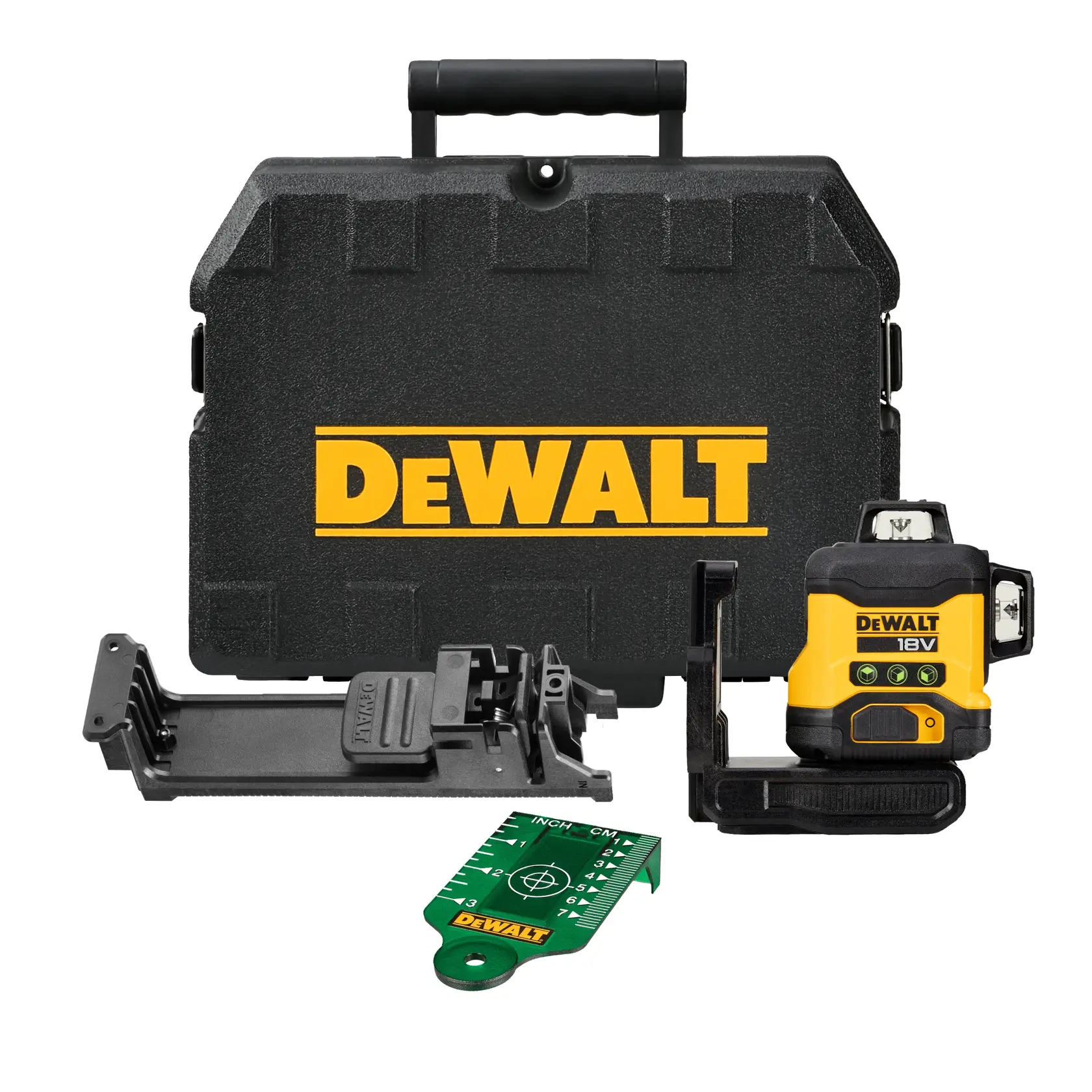 DEWALT laser level kit, including a black carrying case with the DEWALT logo, a yellow and black laser level device, mounting accessories, and a green measurement target.