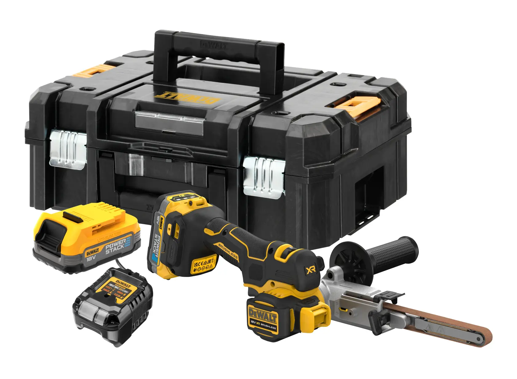 DEWALT tool kit with storage box, battery, charger, and cordless belt sander displayed on white background.
