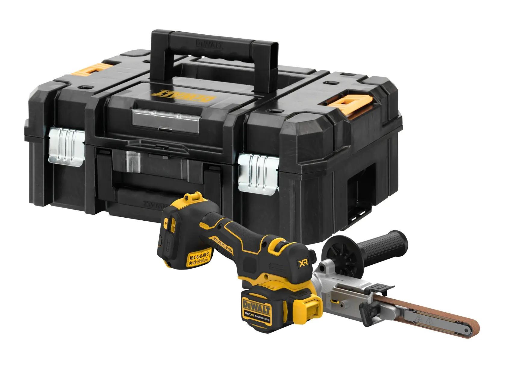 DEWALT cordless belt file and black toolbox with yellow accents, placed together on a white background.