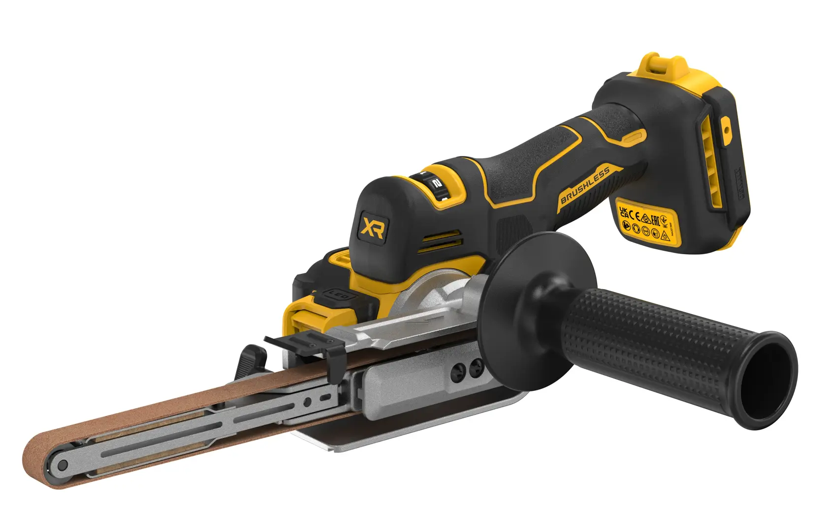 DEWALT cordless belt sander with ergonomic handle, shown on white background.