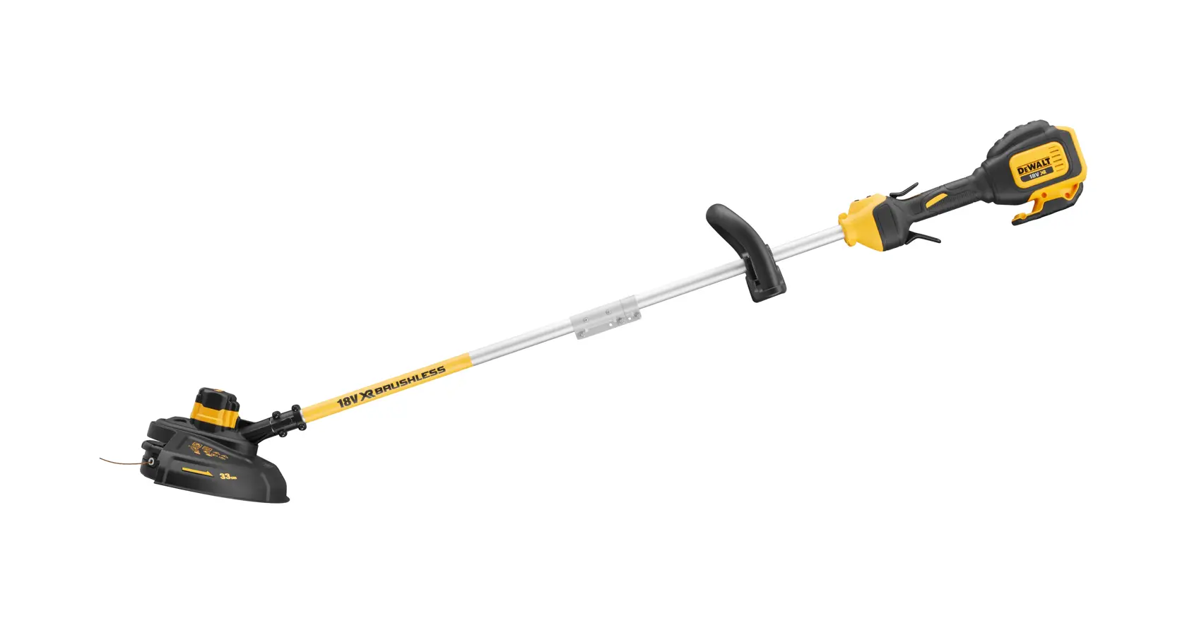 DEWALT cordless yellow and black grass trimmer with handle and shaft, shown against a white background.