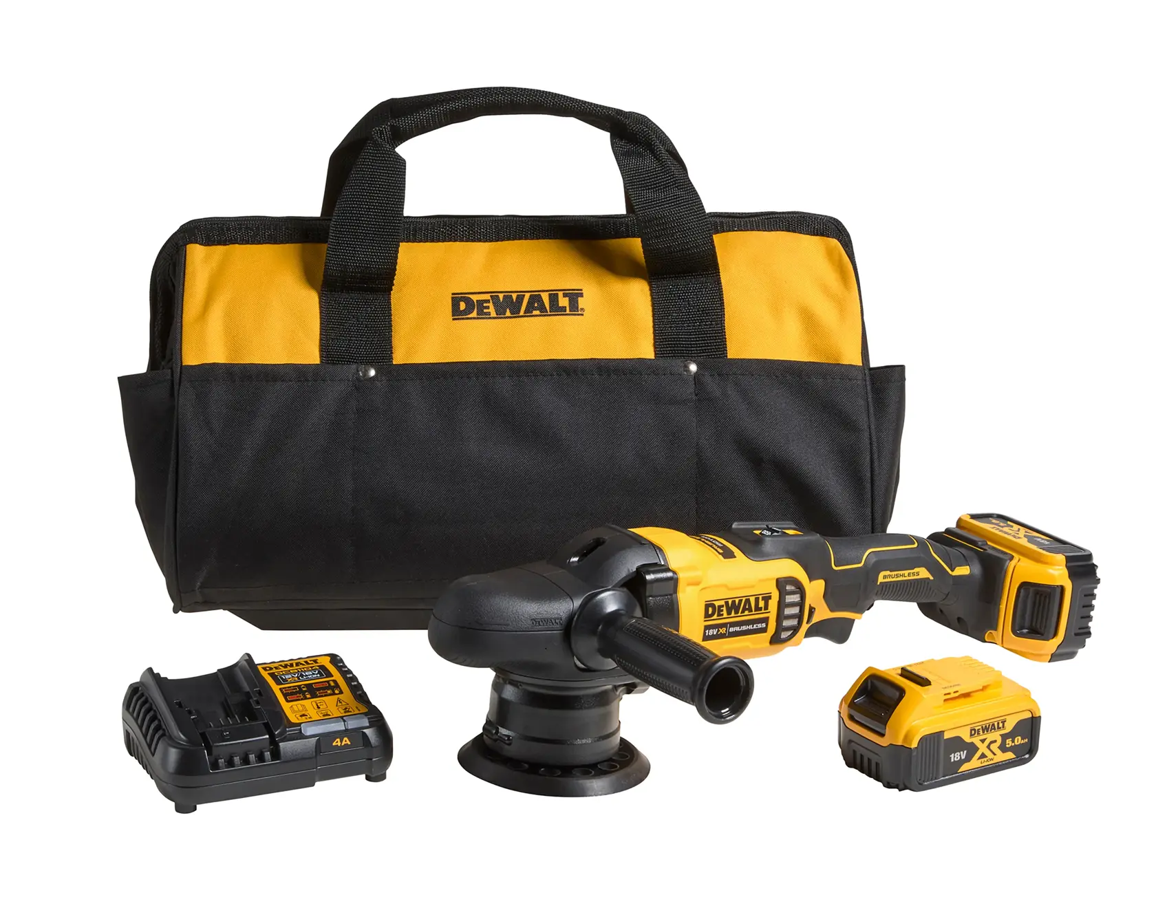 DEWALT cordless polisher kit with tool, battery, charger, and black-yellow carrying bag.