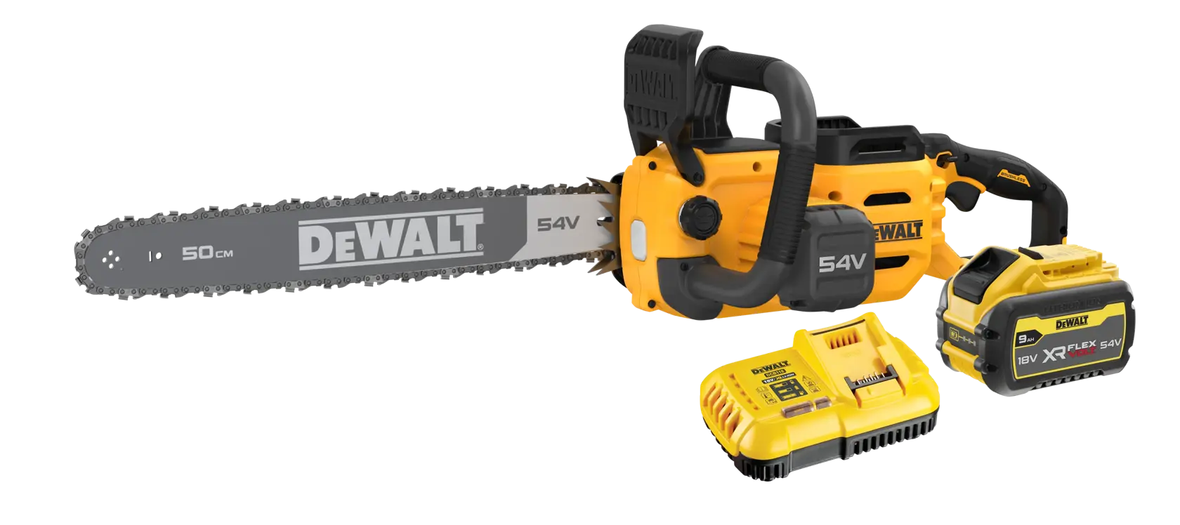 DEWALT 54V cordless chainsaw with battery and charger set displayed on a white background.