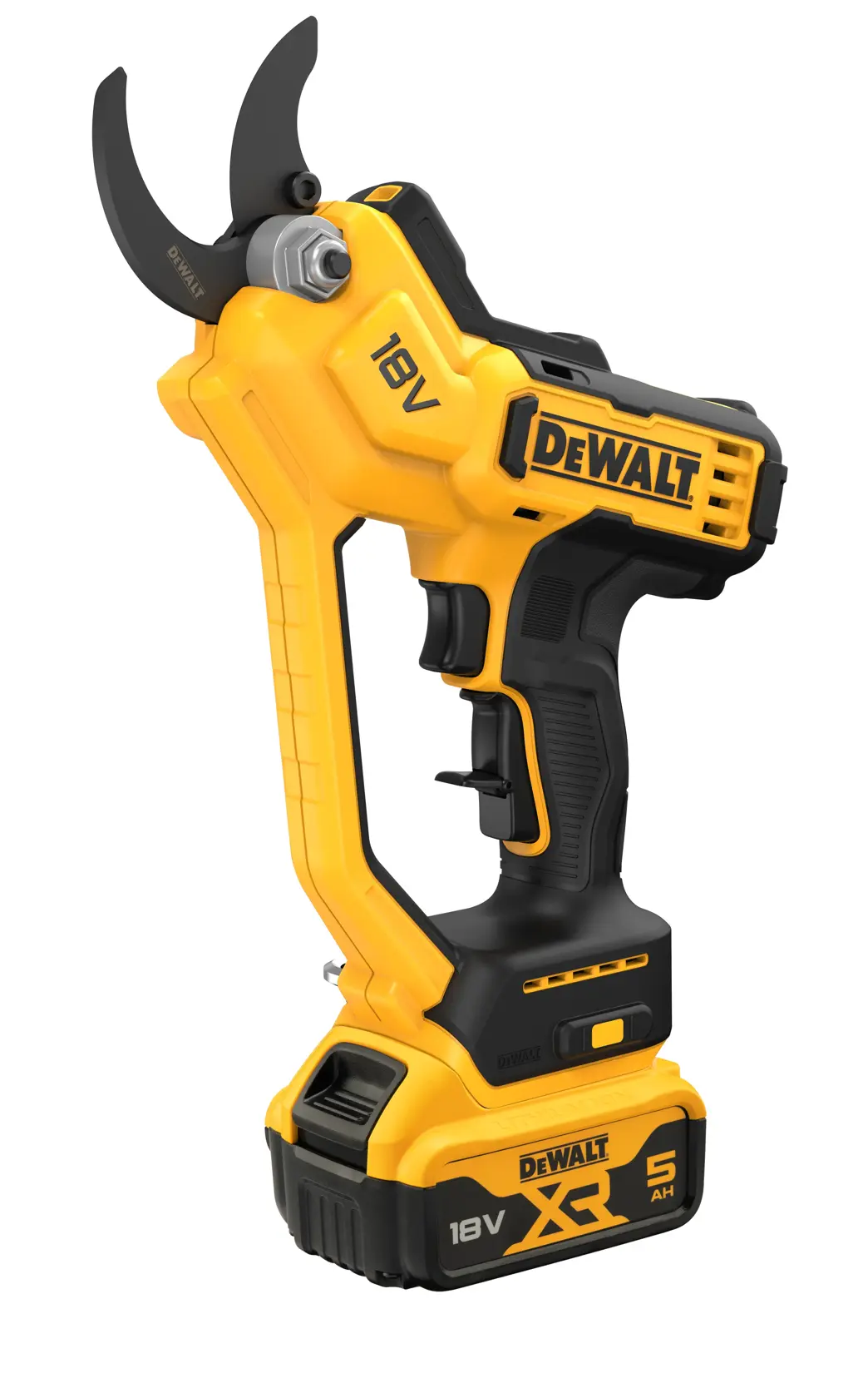 DEWALT 18V cordless electric pruner with XR 5Ah battery. Yellow and black, ergonomic handle, for gardening tasks.