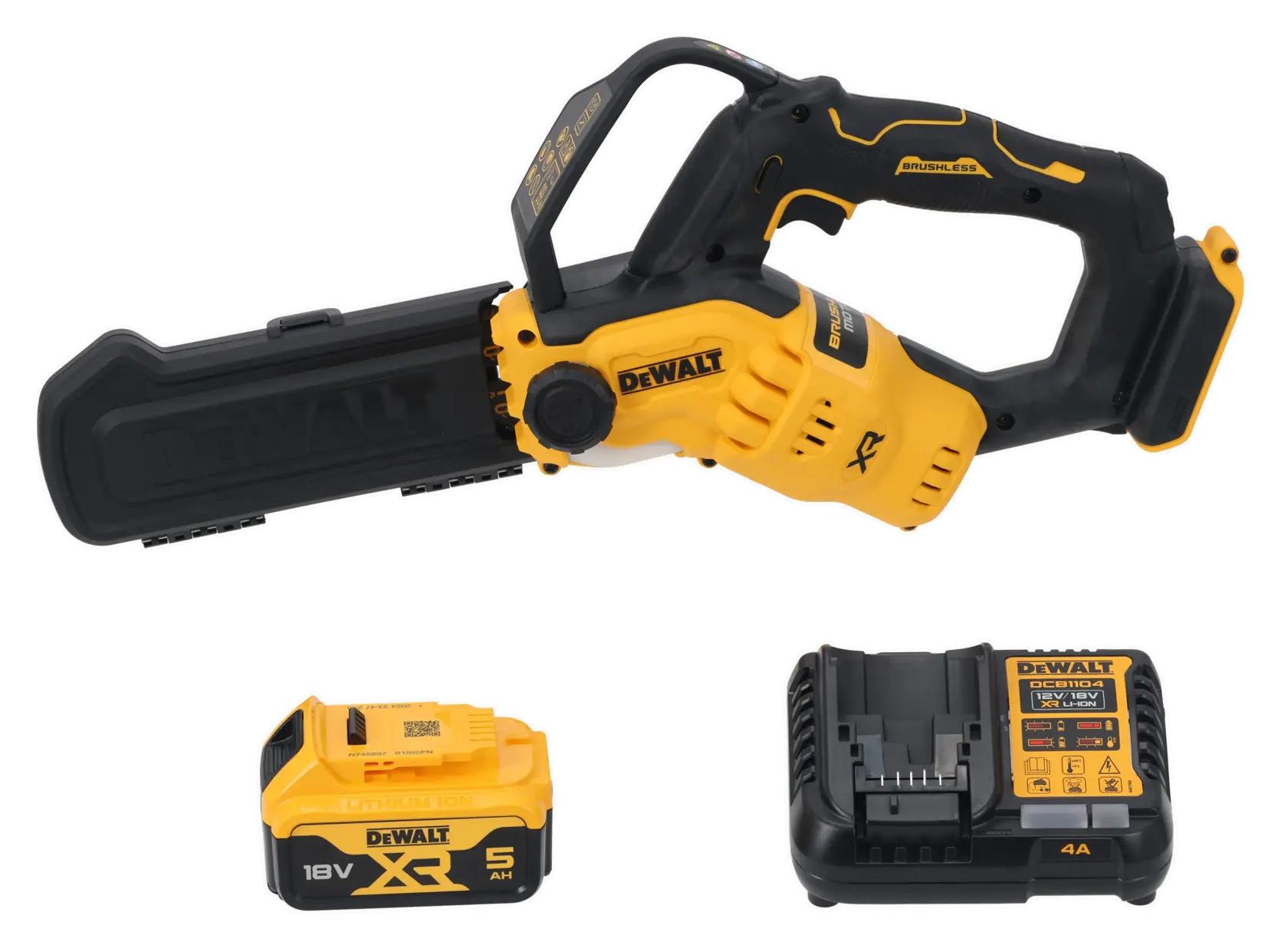 DEWALT cordless chainsaw with battery and charger, yellow and black, model DCMPS520P1.