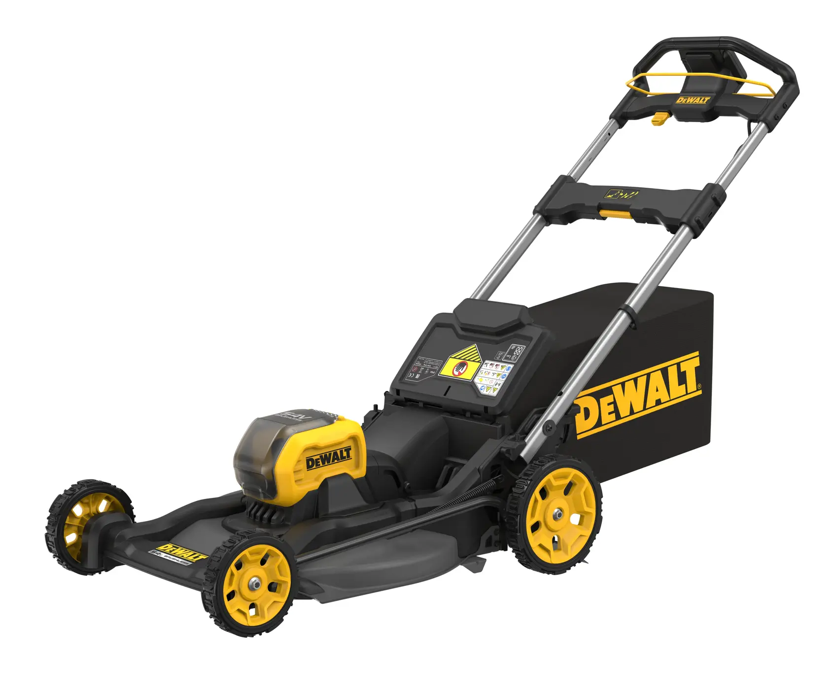 DEWALT cordless lawn mower with yellow and black design and grass collection box.