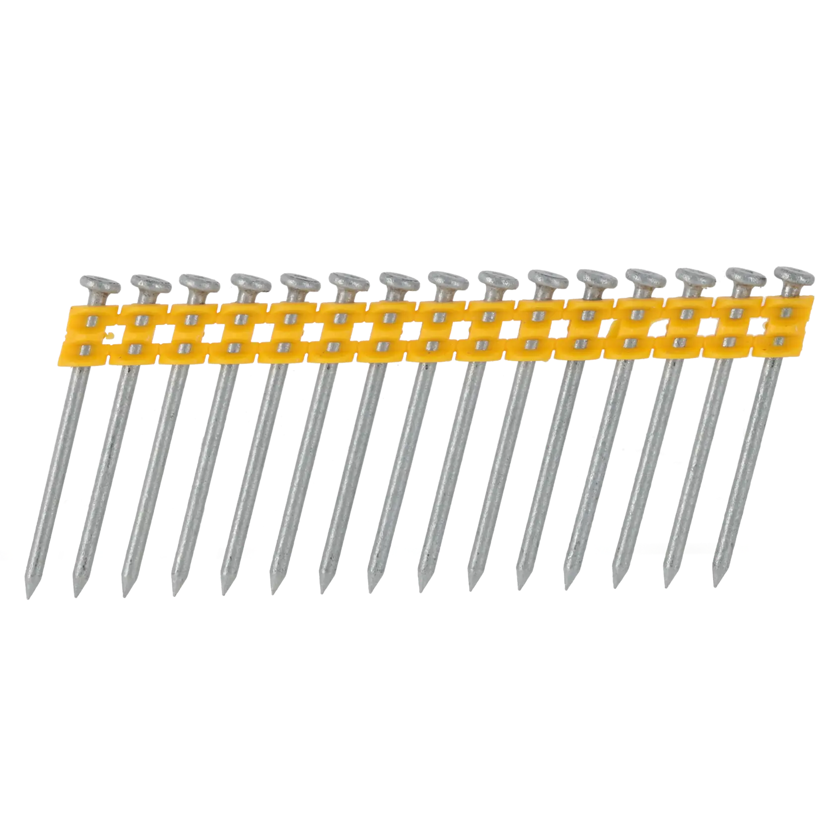 A strip of collated steel nails with a yellow plastic holder, arranged at an angle for use in a nail gun.