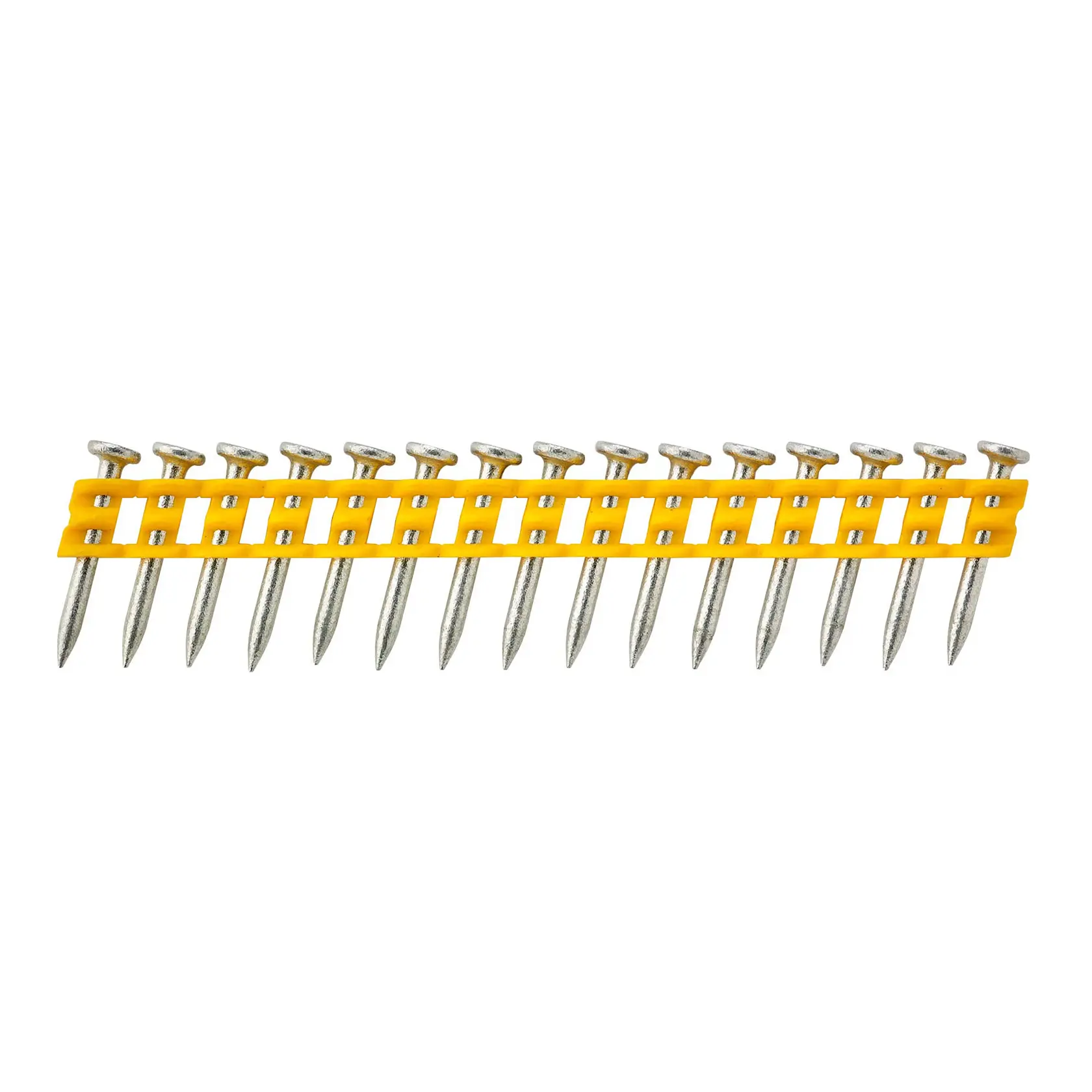 Strip of collated nails with yellow plastic holder, used in power tools for rapid fastening.