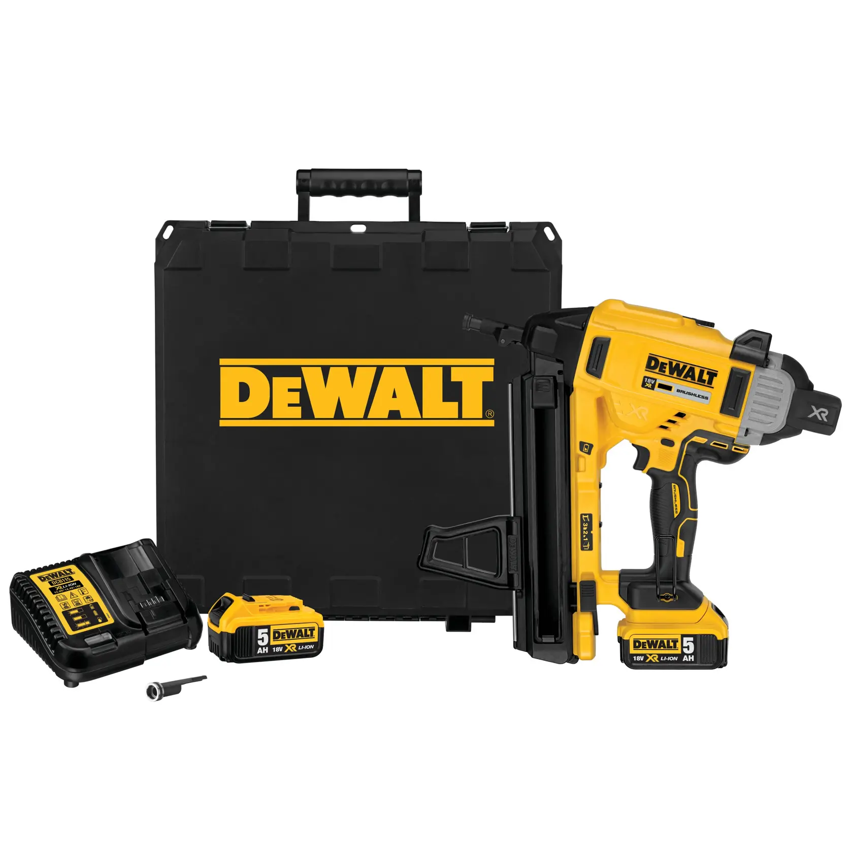 DEWALT cordless nailer kit with case, charger, battery, and tool, all shown together.