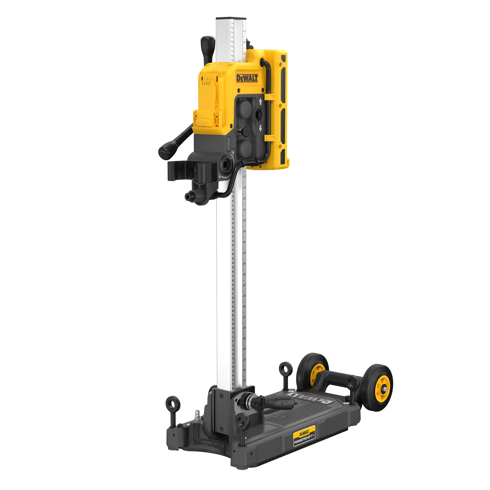 DEWALT DCPS151, a yellow and black power tool with a vertical rail, used for precise drilling or boring tasks.