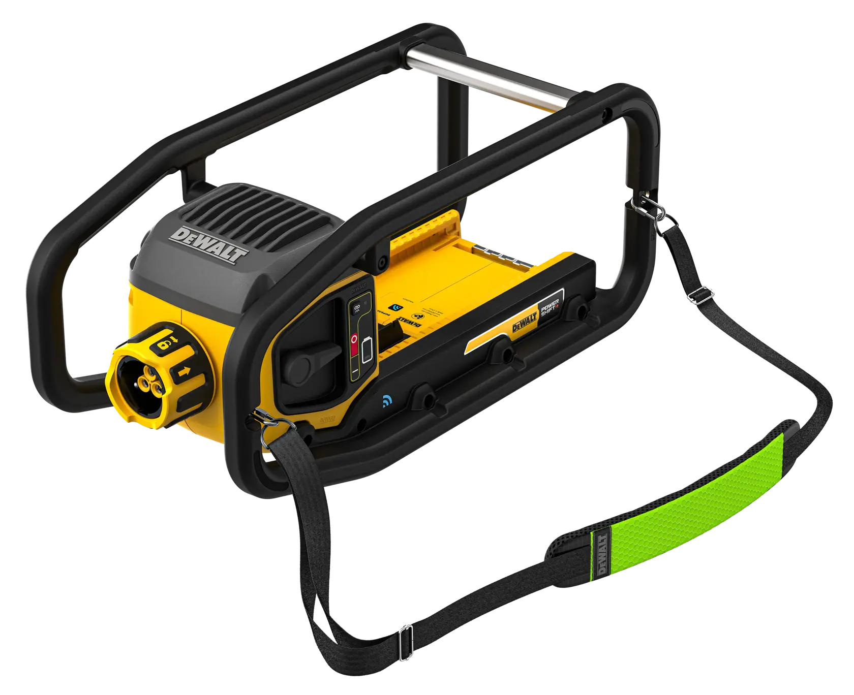 DEWALT portable photography equipment with yellow casing, black frame, control panel, and carrying strap.
