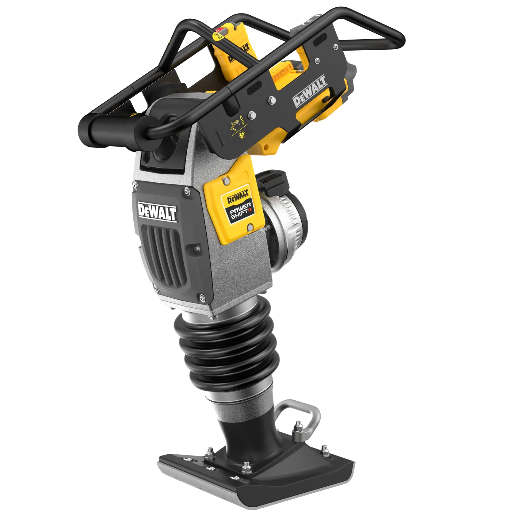 A cordless DEWALT compactor with PowerShift technology, shown upright with a sturdy handle and base.