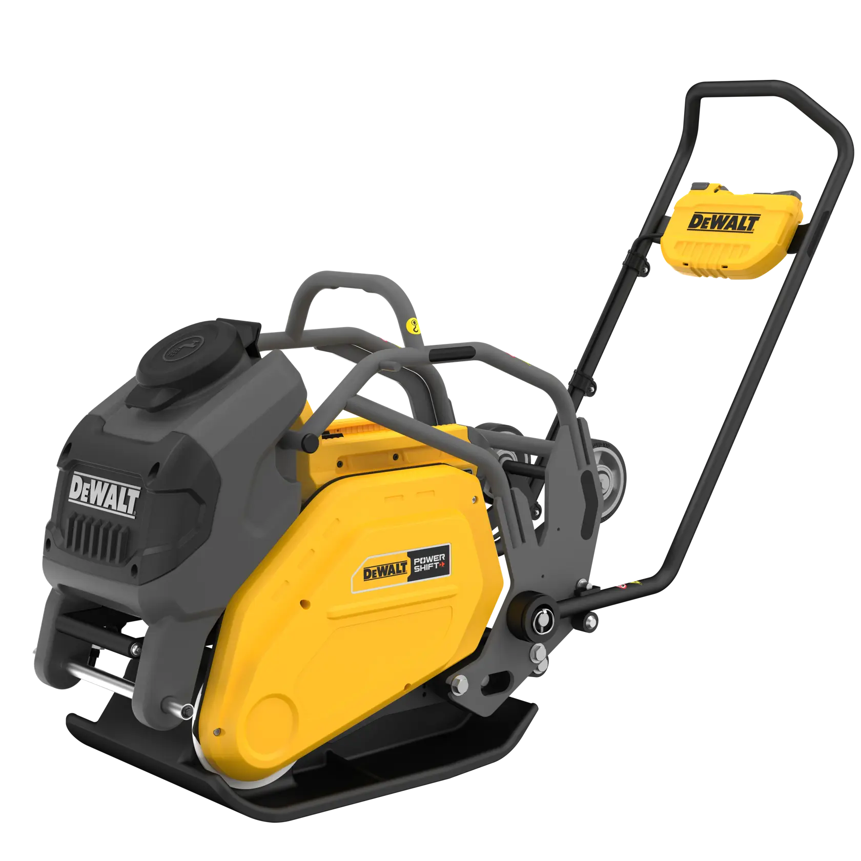 A DEWALT branded compactor machine with a black and yellow design, featuring a sturdy handle and motor housing. The machine is intended for construction and landscaping use.