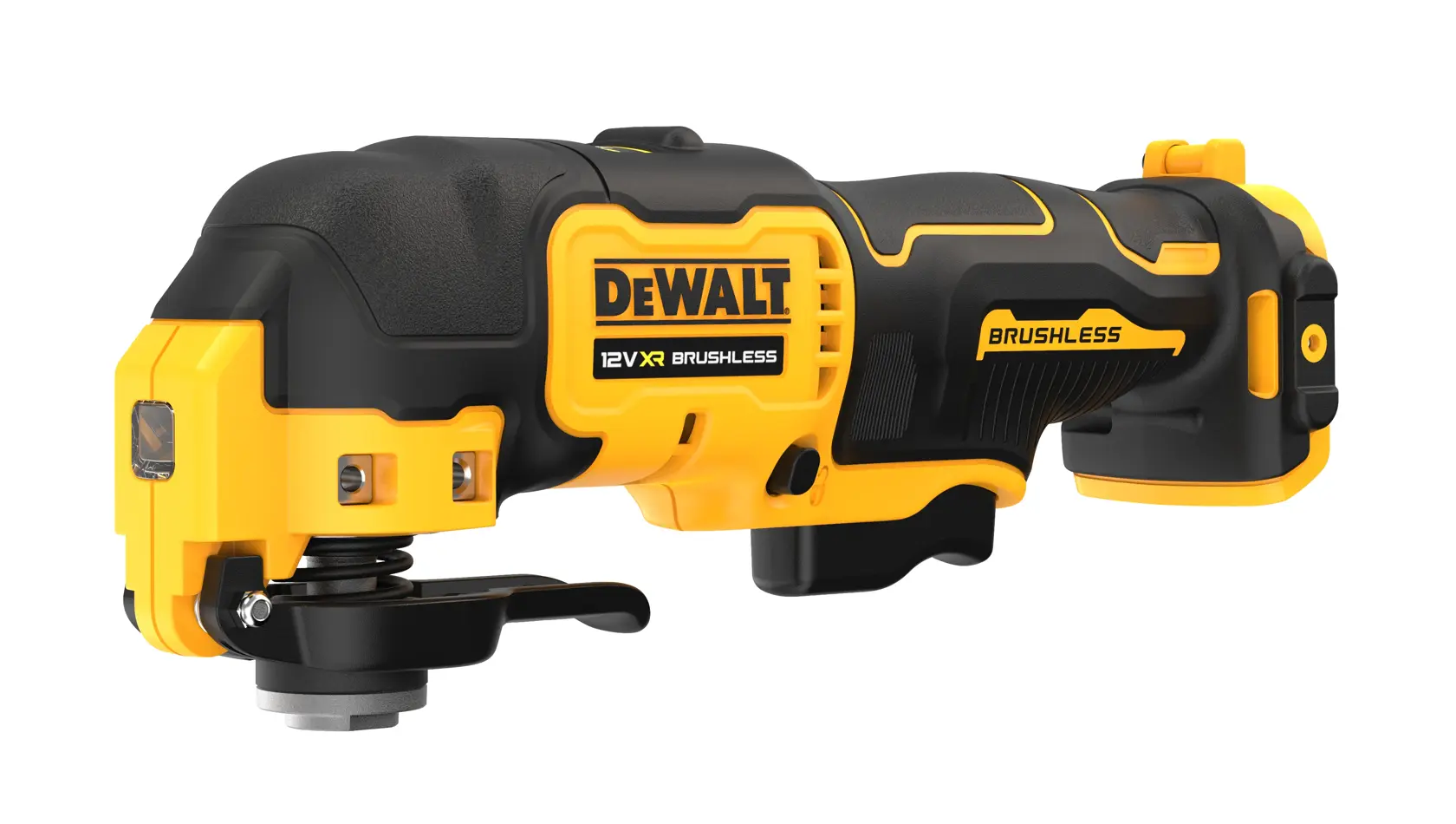 DEWALT brushless 12V cordless oscillating tool, black and yellow, side view, isolated on white background.