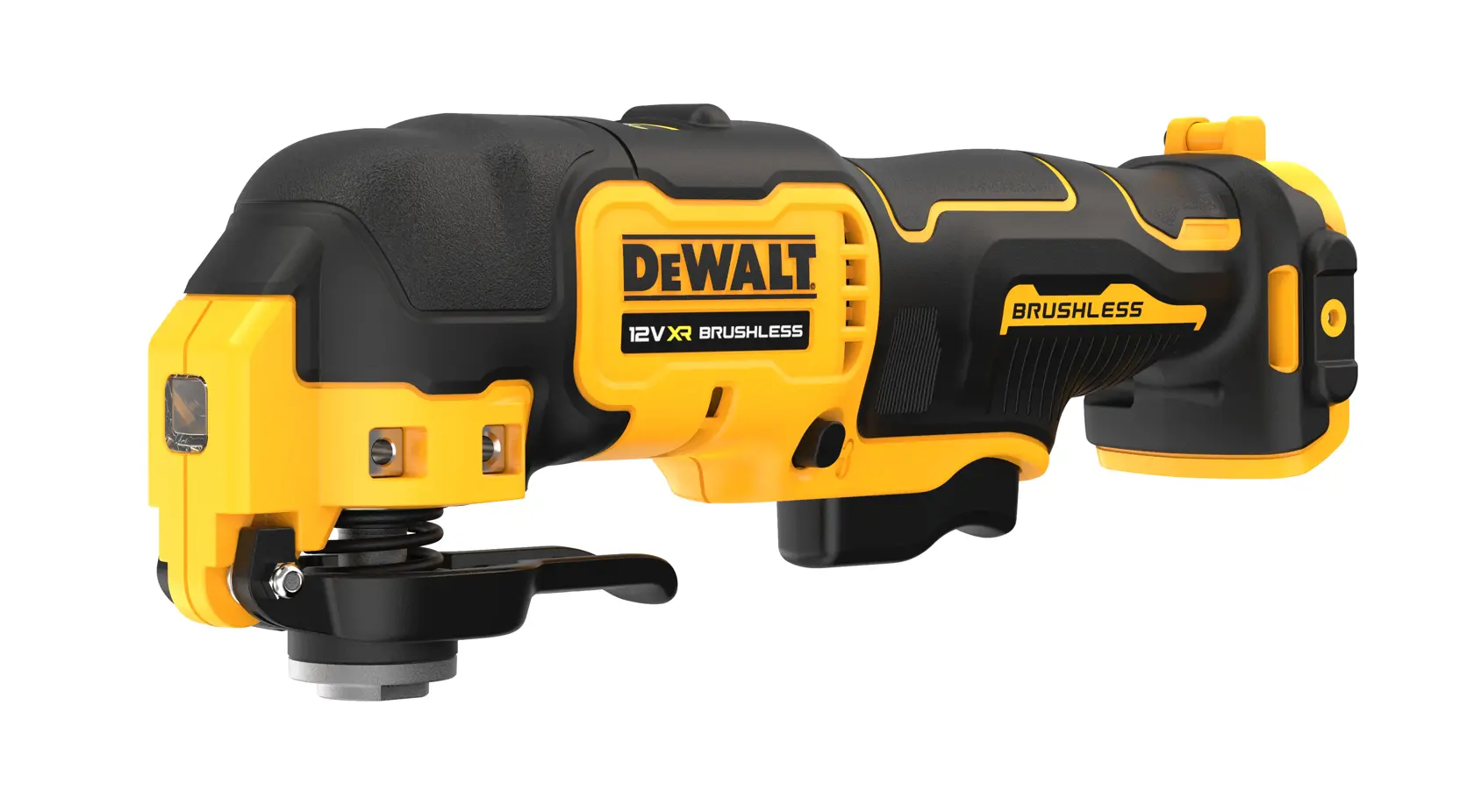 DEWALT DCS353N 12V XR cordless brushless multi-tool in yellow and black, angled for display.