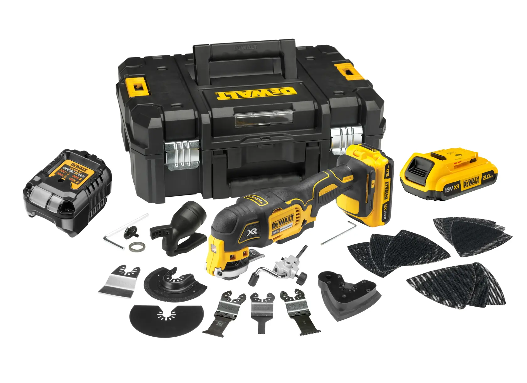 A DEWALT DCS355D2 oscillating multi-tool kit is displayed, including the yellow and black cordless tool, a black hard carrying case with DEWALT branding, a battery charger, a spare battery pack, several sanding pads, and an assortment of blades and accessories.
