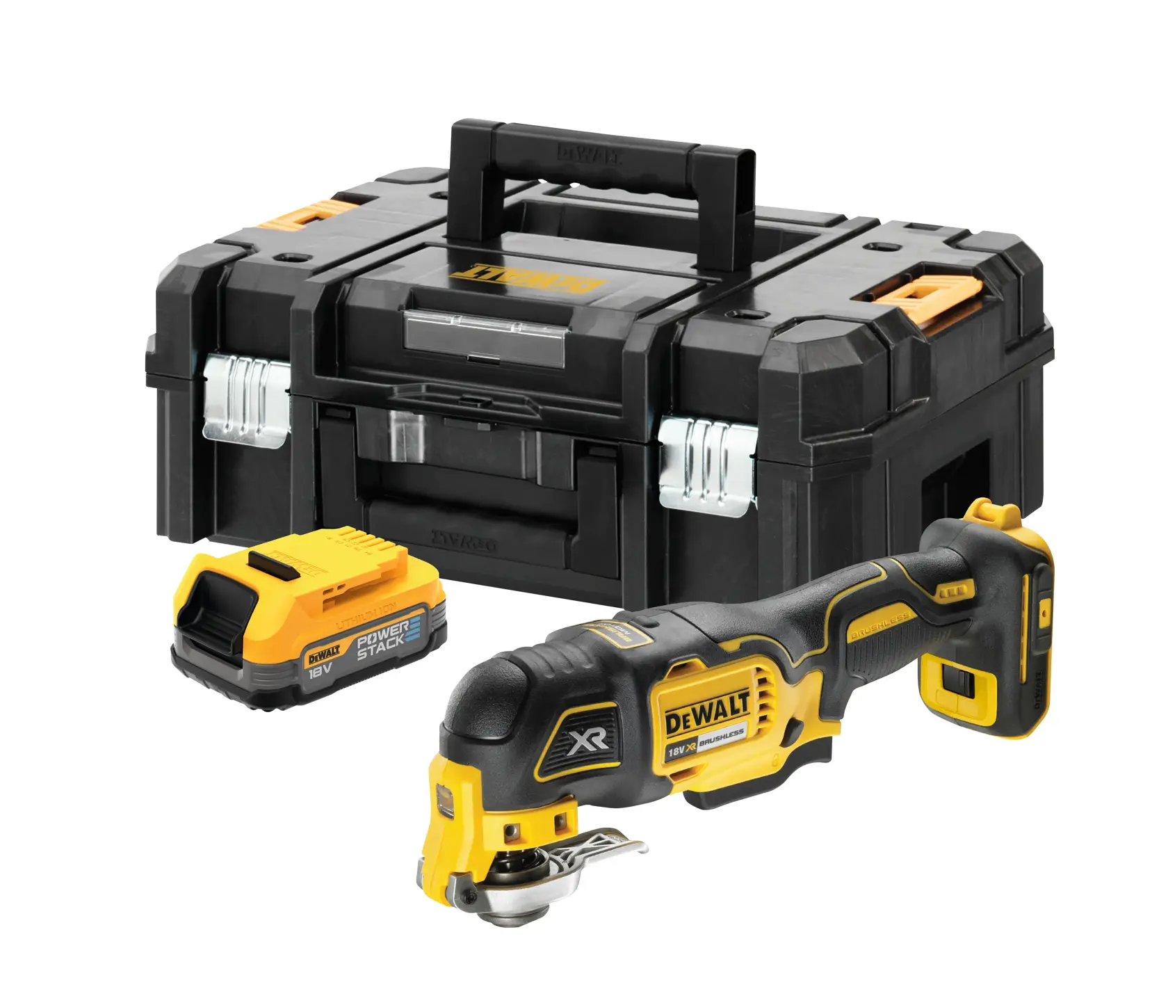 DEWALT cordless multi-tool kit with black case and yellow battery, shown on a white background.