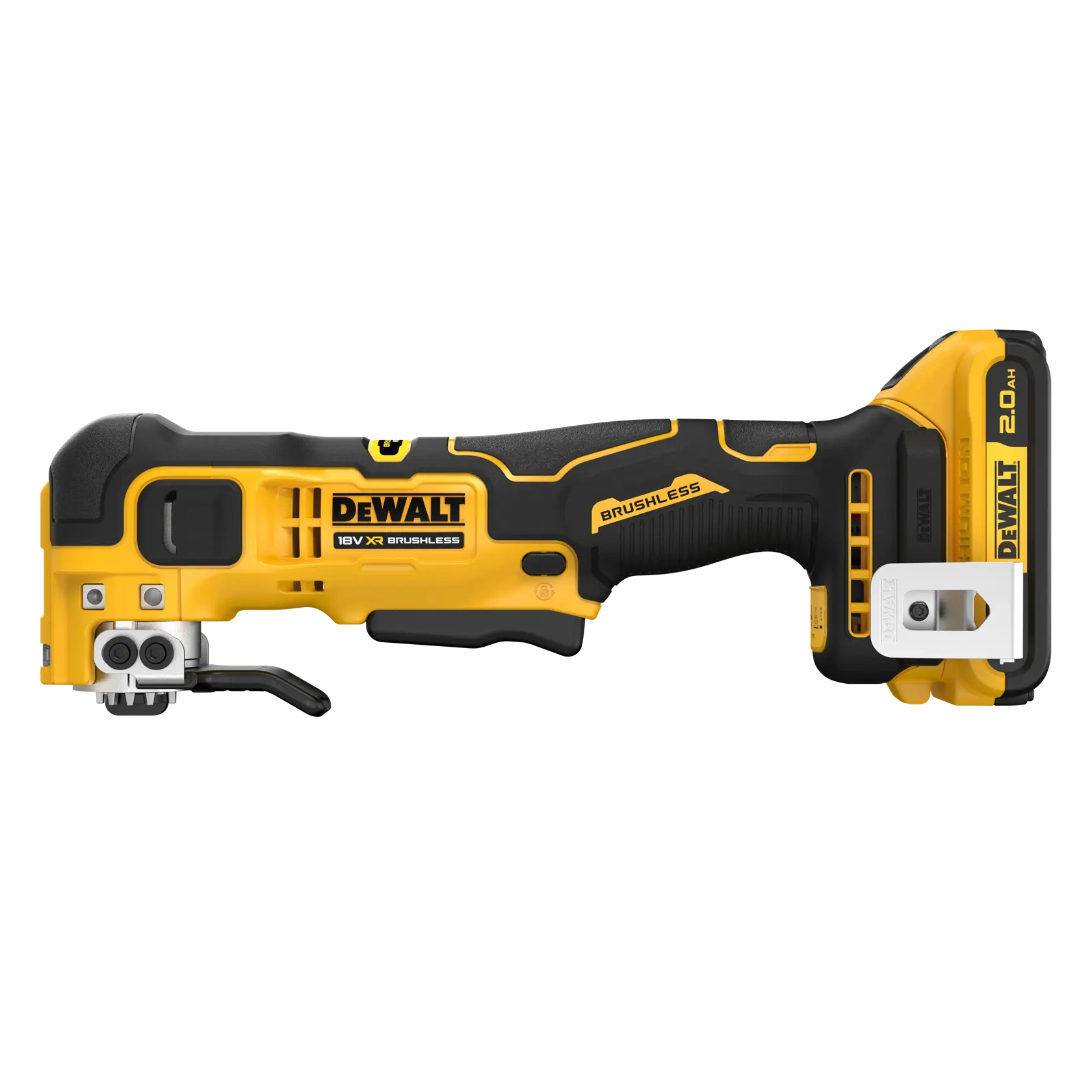 DEWALT 18V cordless brushless oscillating tool with a battery, shown in side view against a white background.