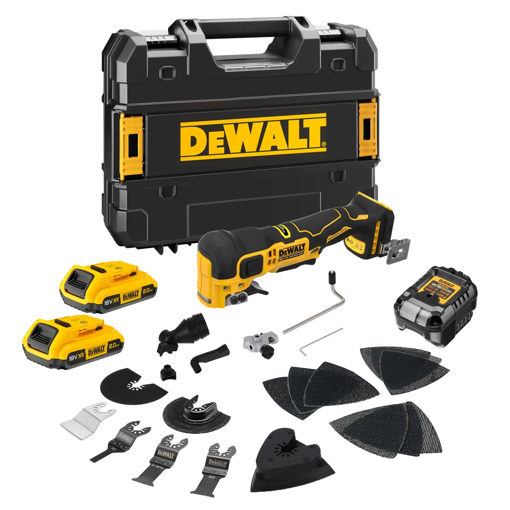 DEWALT cordless multi-tool kit with case, batteries, charger, blades, sanding pads, and accessories.