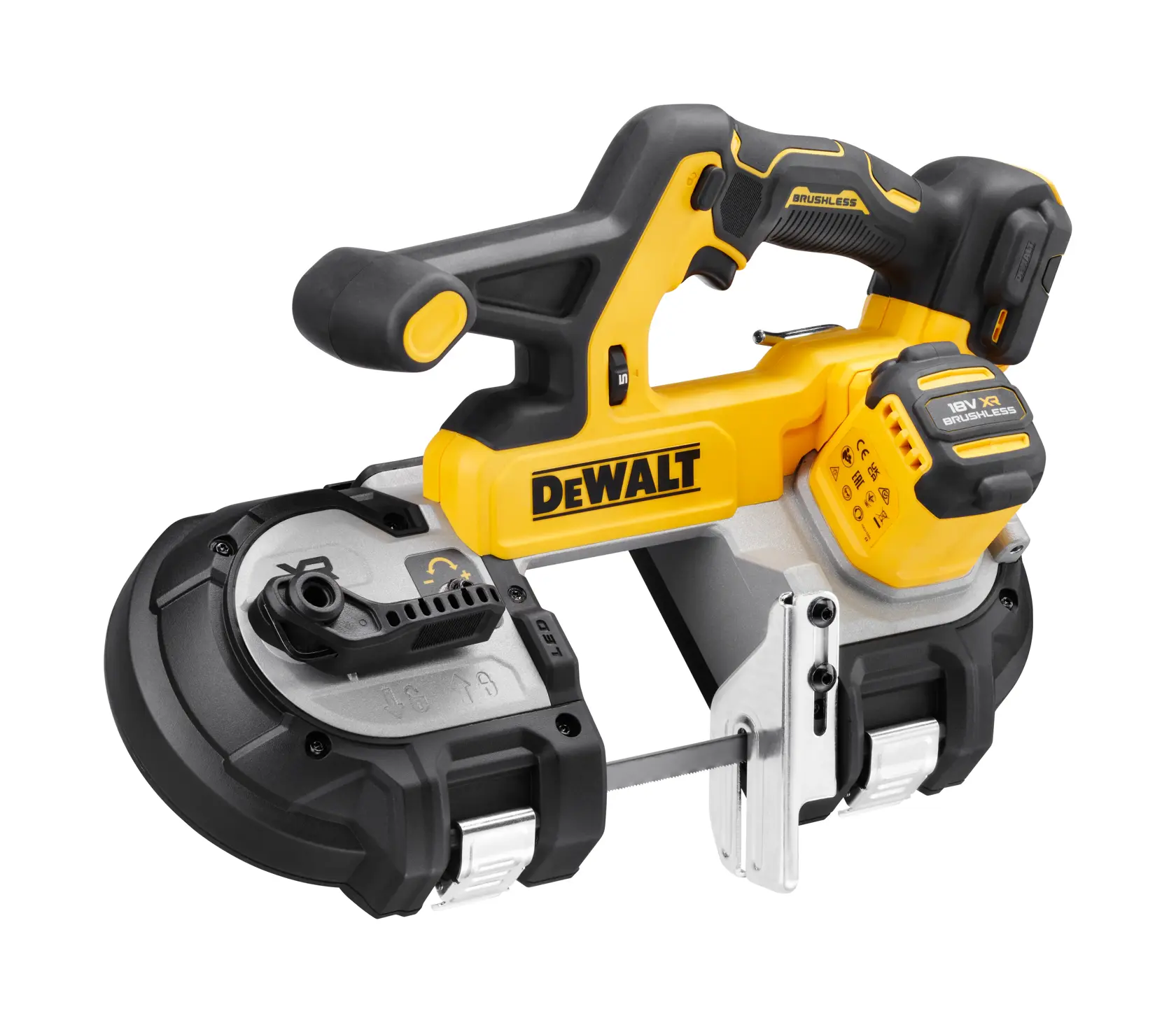 DEWALT cordless band saw with brushless motor, yellow and black, model DCS378N, shown on white background.