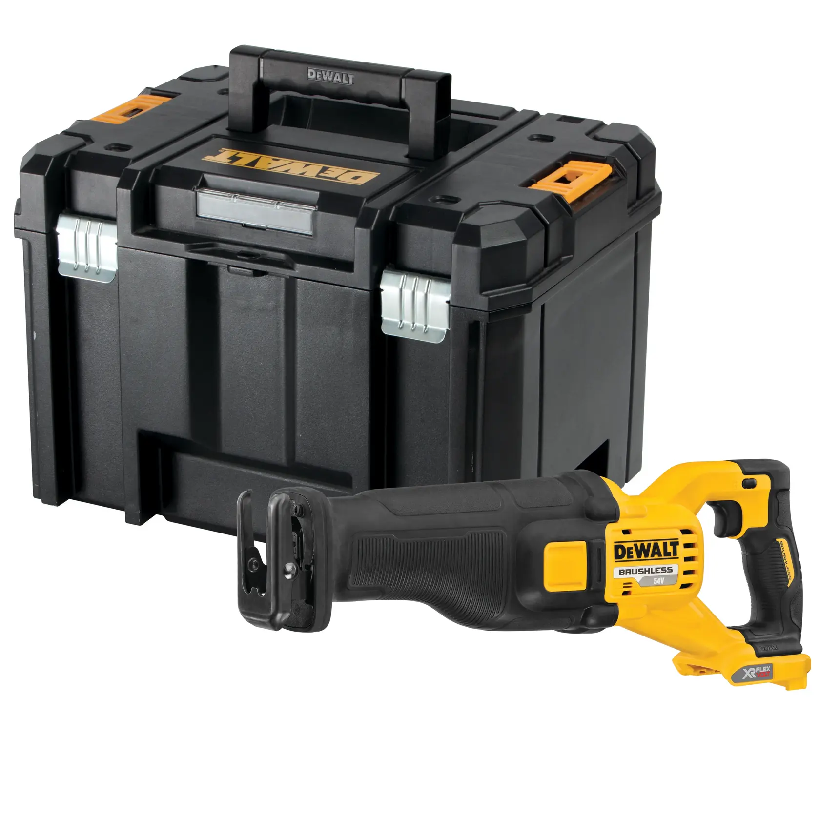 A DEWALT cordless reciprocating saw with a black and yellow handle, placed in front of a sturdy black DEWALT tool storage box with silver latches and orange accents.