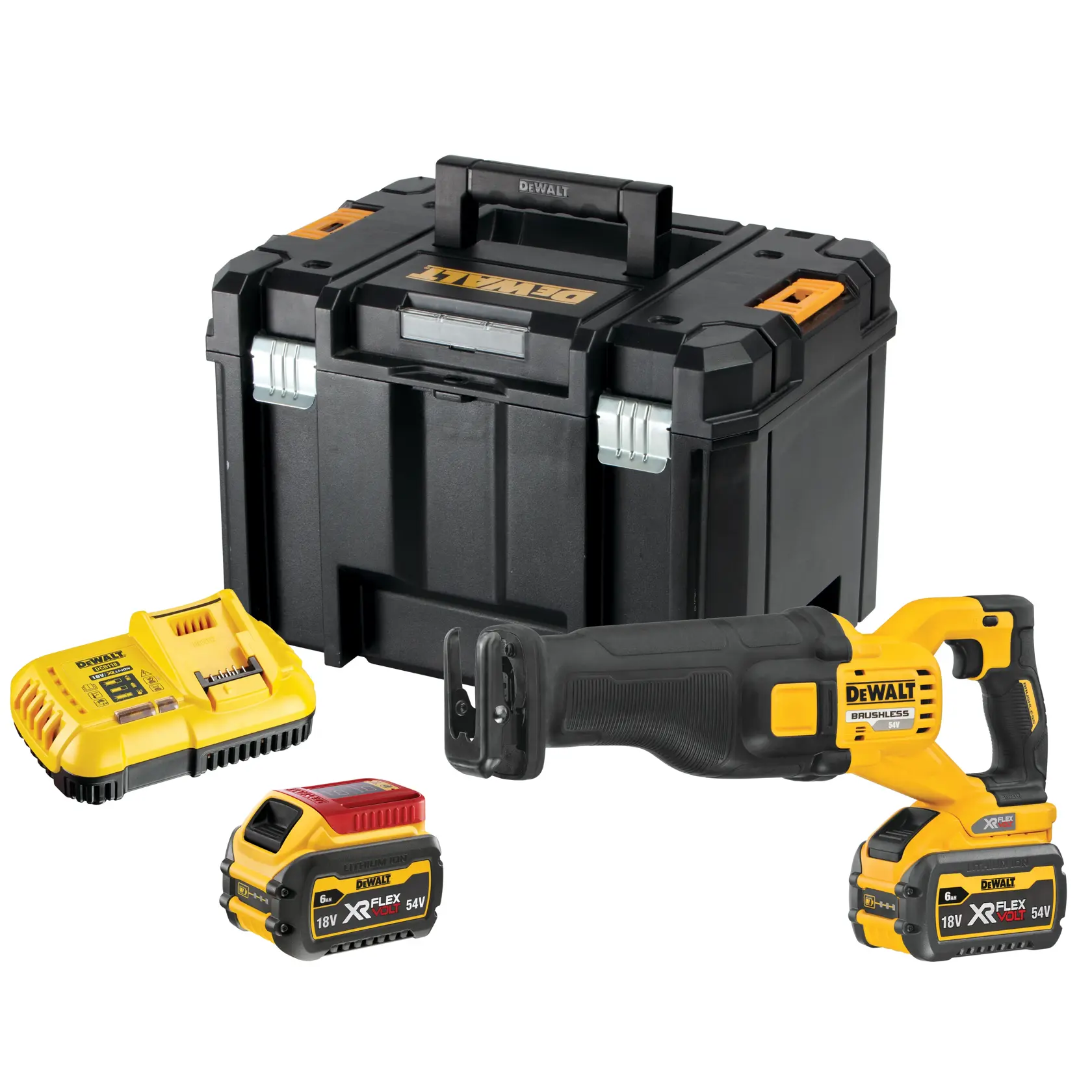 DEWALT cordless reciprocating saw set, includes a yellow and black reciprocating saw, two XR FLEXVOLT batteries, a battery charger, and a sturdy black plastic carrying case.