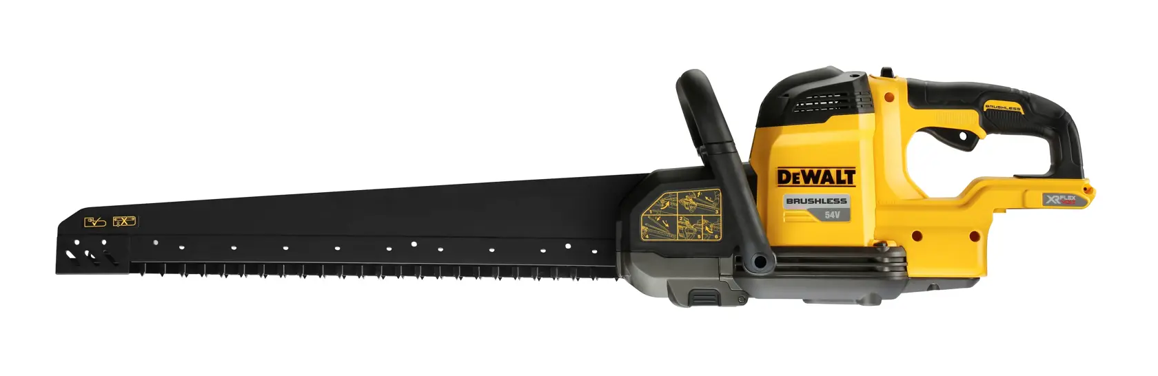 DEWALT DCS397N brushless 54V reciprocating saw with extra-long blade and yellow handle, side view.