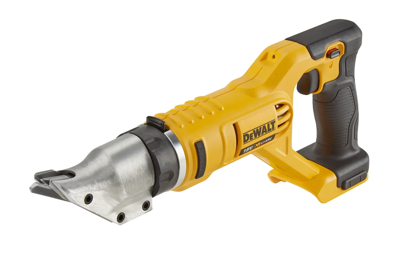 DEWALT cordless metal shear tool with yellow and black design, ergonomic handle and cutting head.