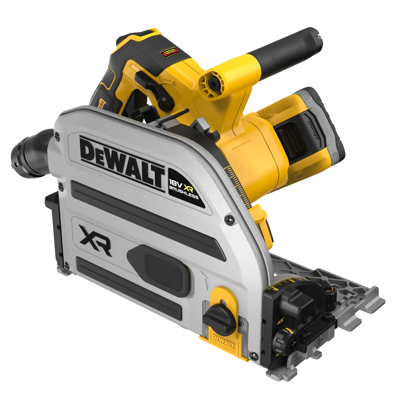 DEWALT 18V XR brushless cordless plunge saw with silver and yellow design, ergonomic handle, sturdy base.