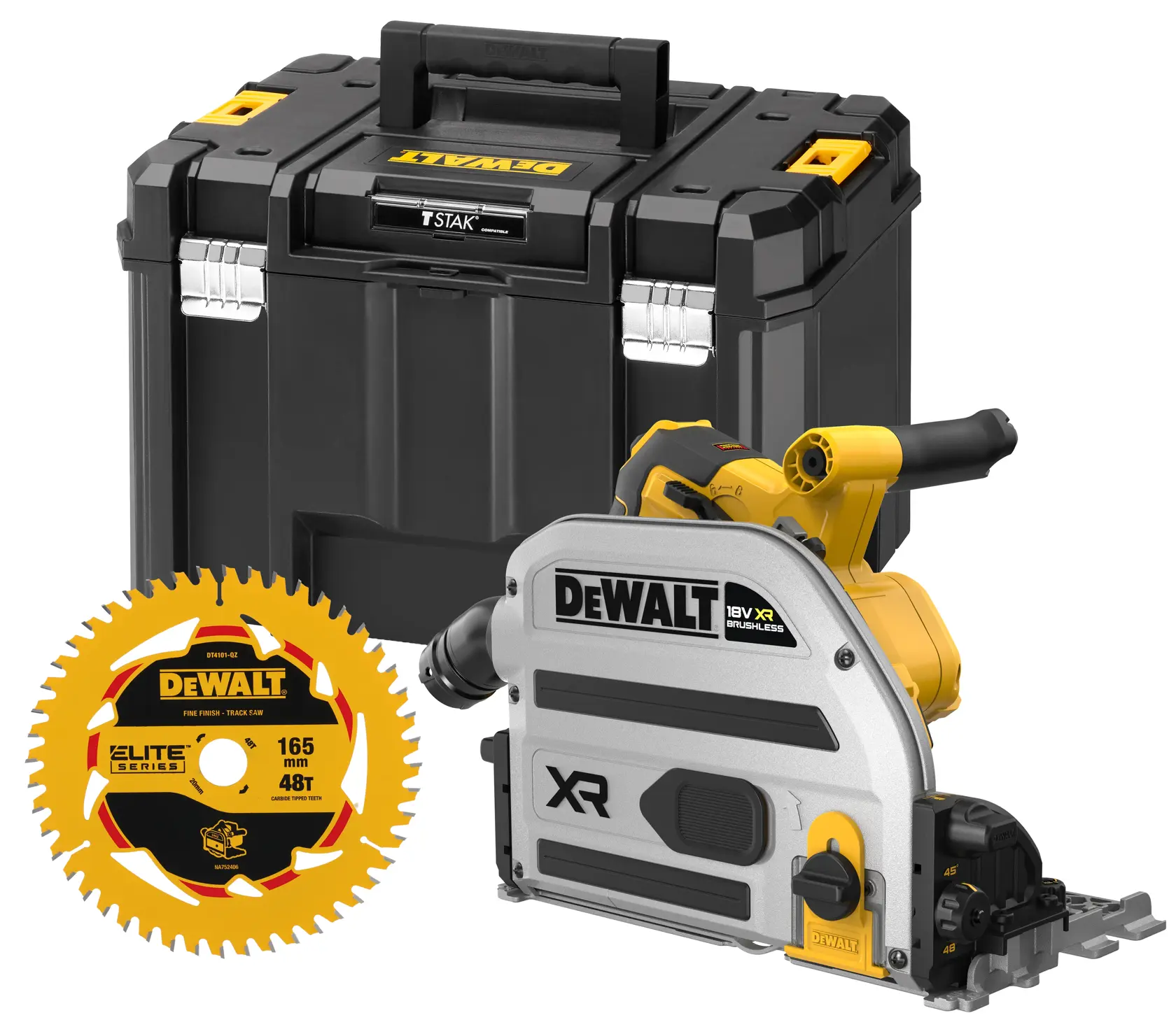 DEWALT saw set with blade and carry case, includes brushless track saw and circular blade for cutting tasks.