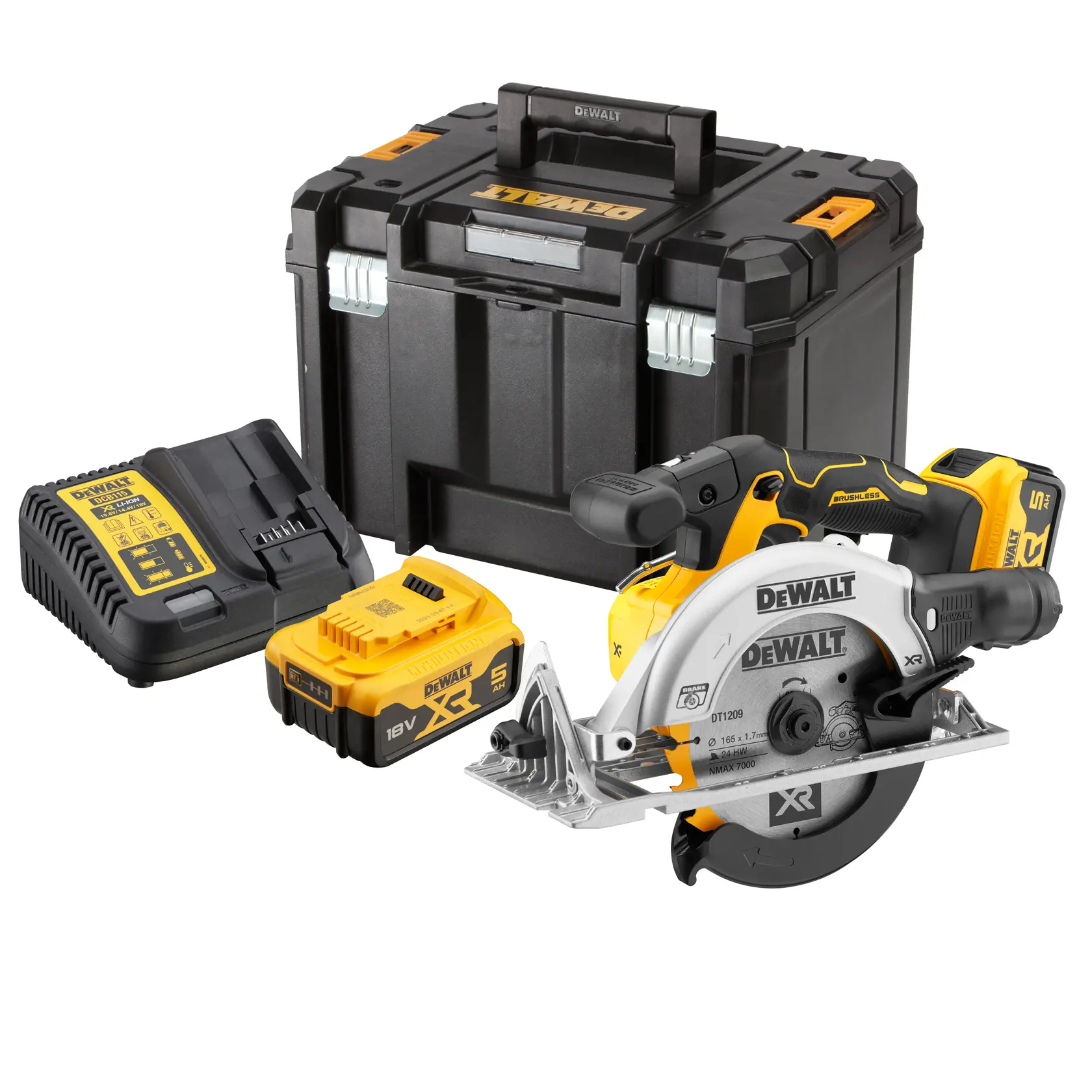 DEWALT cordless circular saw kit with battery, charger, and storage box.