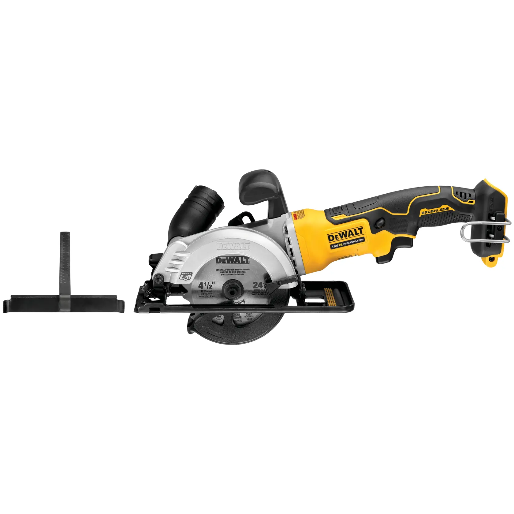 DEWALT DCS571N cordless brushless 4-1/2 inch circular saw with yellow and black handle, shown with an accessory guide attachment.